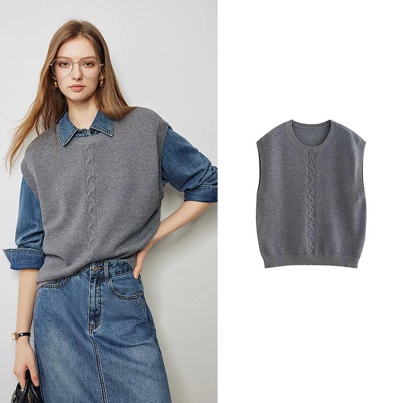 Women's Twisted Knit Sleeveless V-Neck Vest - Autumn Pullover Sweater Top for Casual Wear, Layering & Office Outfits