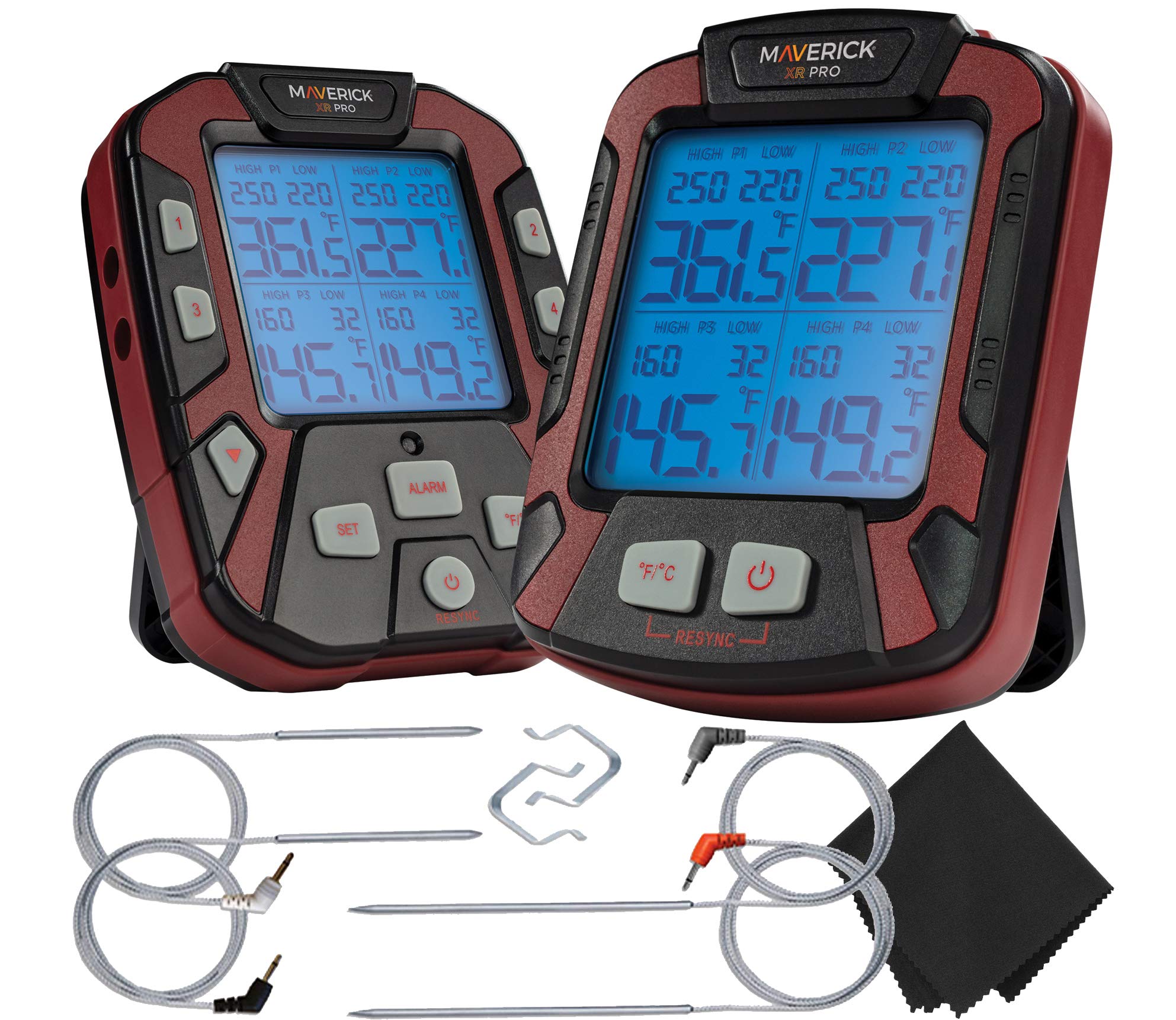 Maverick PRO-Series XR-50 Digital Wireless Meat Thermometer with 500FT Range & 4 Probes - Black/Red BBQ Smoker Thermometer + Z-Cloth Bundle for Grilling, Smoking, and Outdoor Cooking