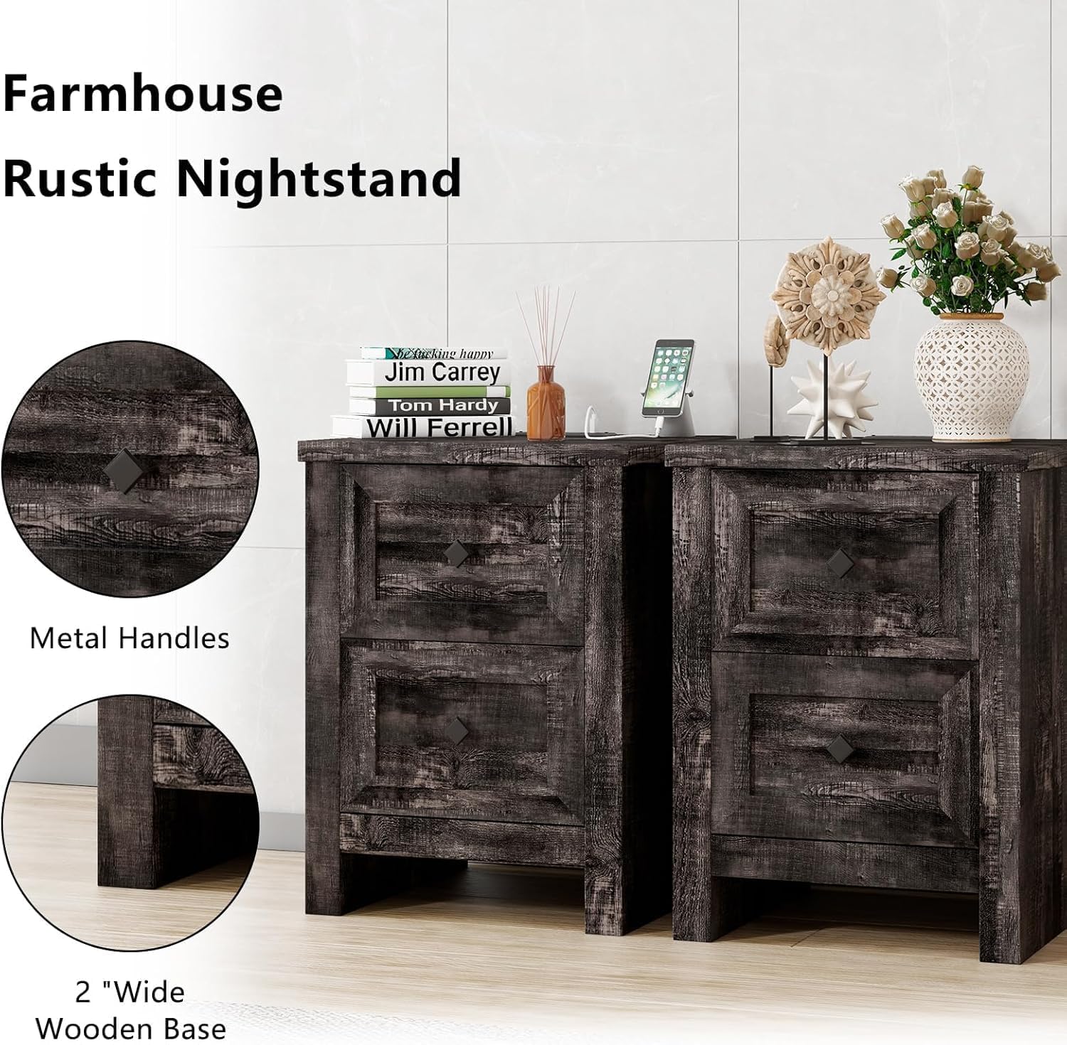 Farmhouse Bedroom Furniture Set - 4 Piece Rustic Wood Dresser & Nightstand with Charging Station | 6-Drawer Storage Dresser, 5-Drawer Dresser & 2 Nightstands | Black Farmhouse Style Bedroom Decor for Cozy Home & Guest Room Setup