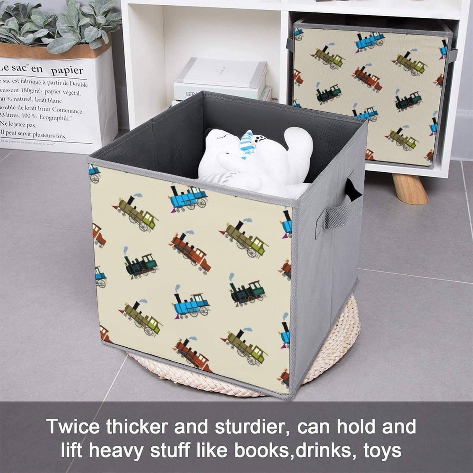 Pack of 2 Foldable Fabric Storage Bins with Handles - Cartoon Retro Steam Train Design for Clothes & Home Organization | Perfect for Kids' Room, Nursery, and Closet Storage Solutions