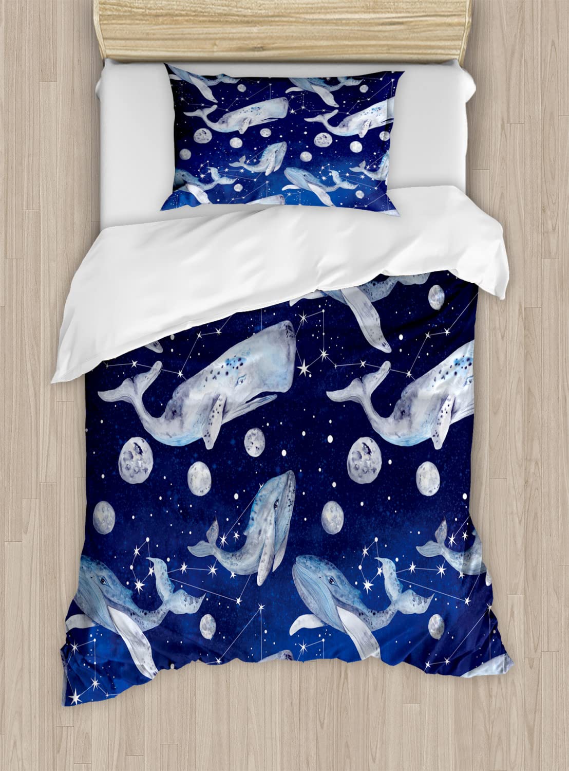 Ambesonne Whale Duvet Cover Set - Outer Space Cosmos Design with Fishes & Planets, 2-Pack Cal King Size Bedding (2 Duvet Covers + 4 Pillowcases) in Navy Purple Grey - Perfect for Kids' Rooms, Themed Bedrooms & Astronomy Lovers