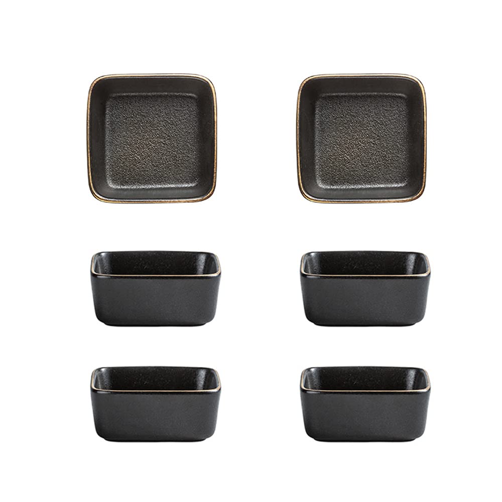 Colias Wing Classic Black Square Porcelain Side Dish Bowls - Set of 6 for Soy Sauce, Dipping & Seasoning | Perfect for Asian Cuisine, Sushi Restaurants & Home Dining