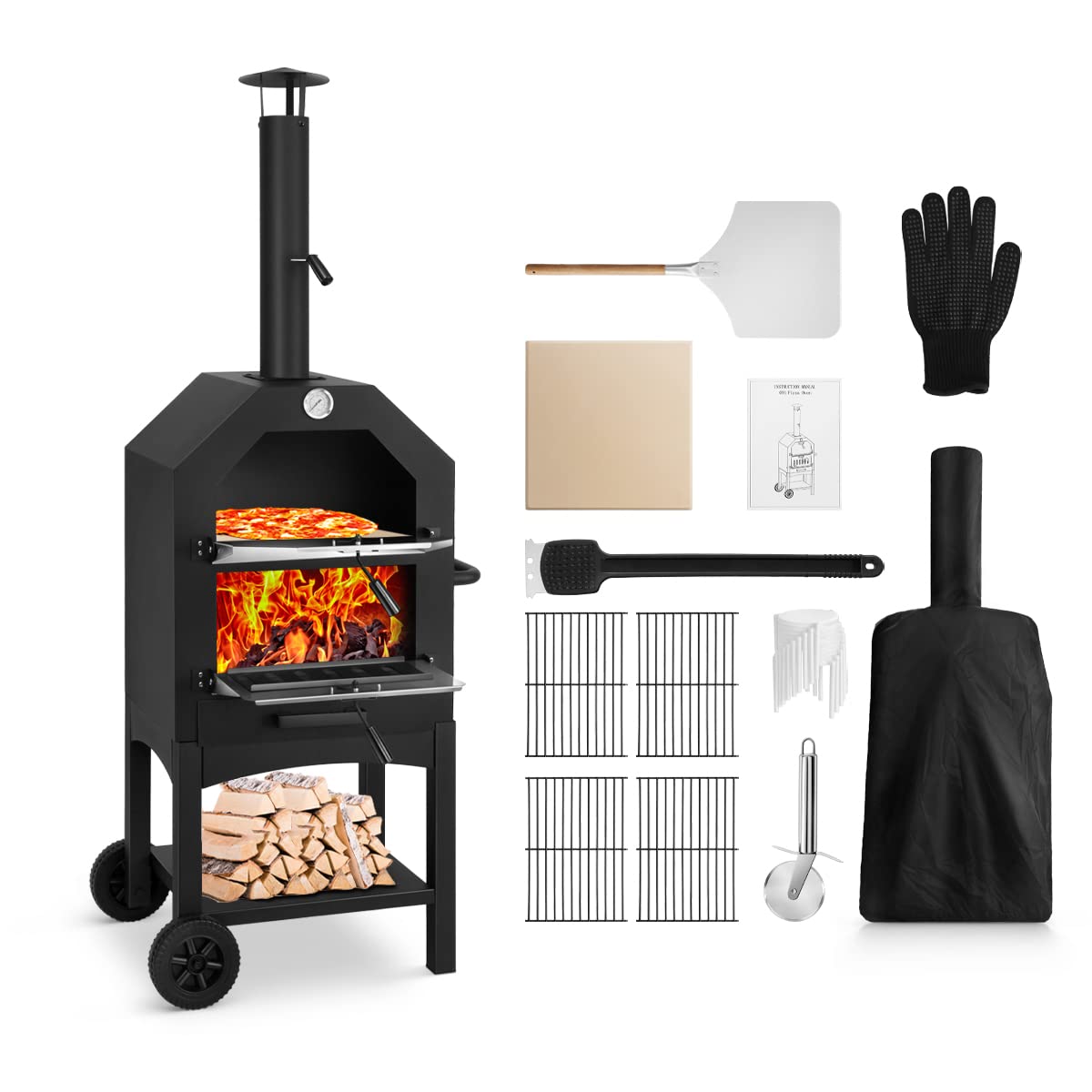 Portable Wood Fired Pizza Oven for Outdoor Cooking - Stainless Steel Backyard Pizza Maker with Pizza Stone, Peel, Grill Rack & Waterproof Cover - Perfect for Camping, Patio Parties & Garden BBQs