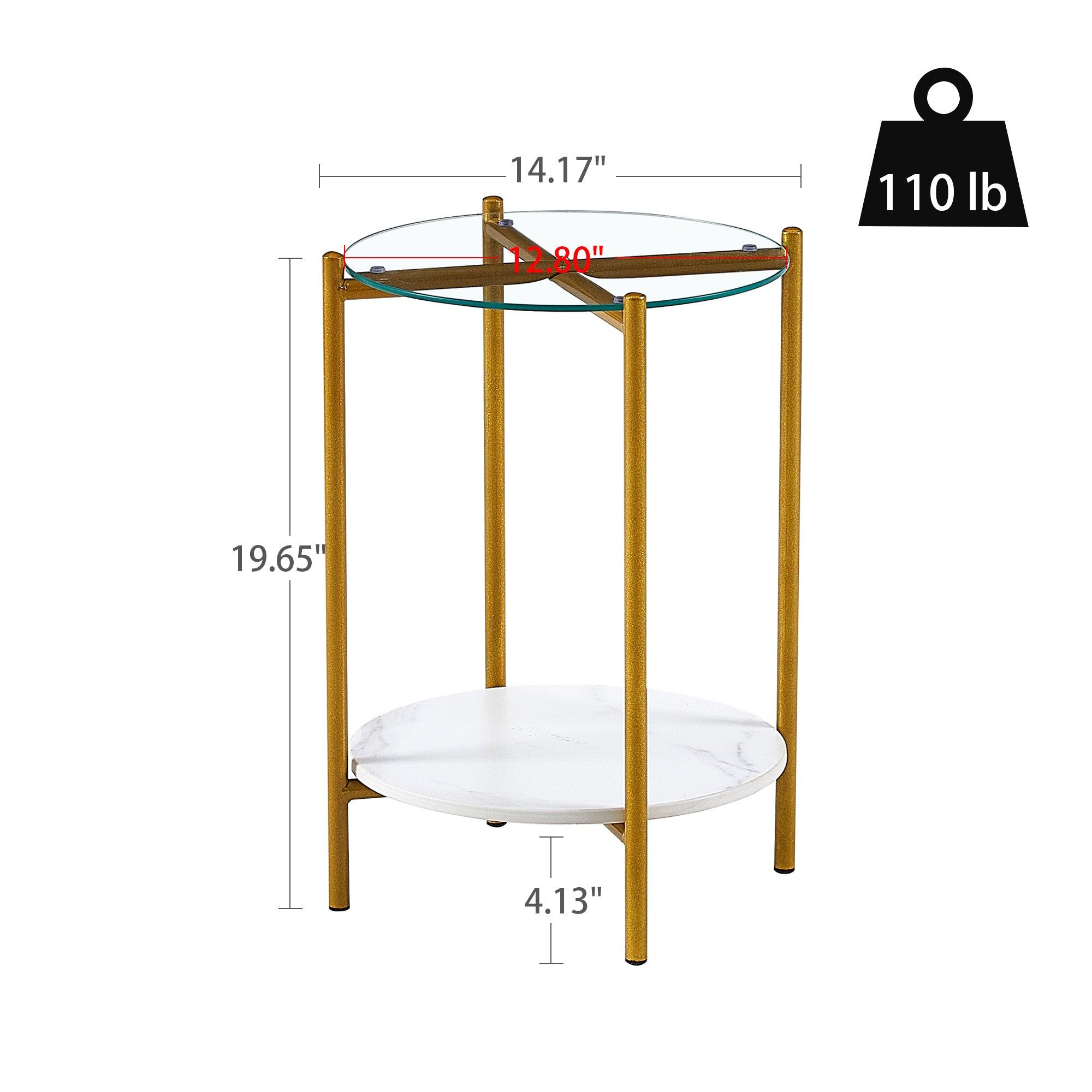 2-Tier Round End Table with Tempered Glass & Marble Top - Gold Metal Frame Coffee Table for Living Room, Bedroom, Office - Perfect for Small Spaces & Modern Decor (1 Piece)
