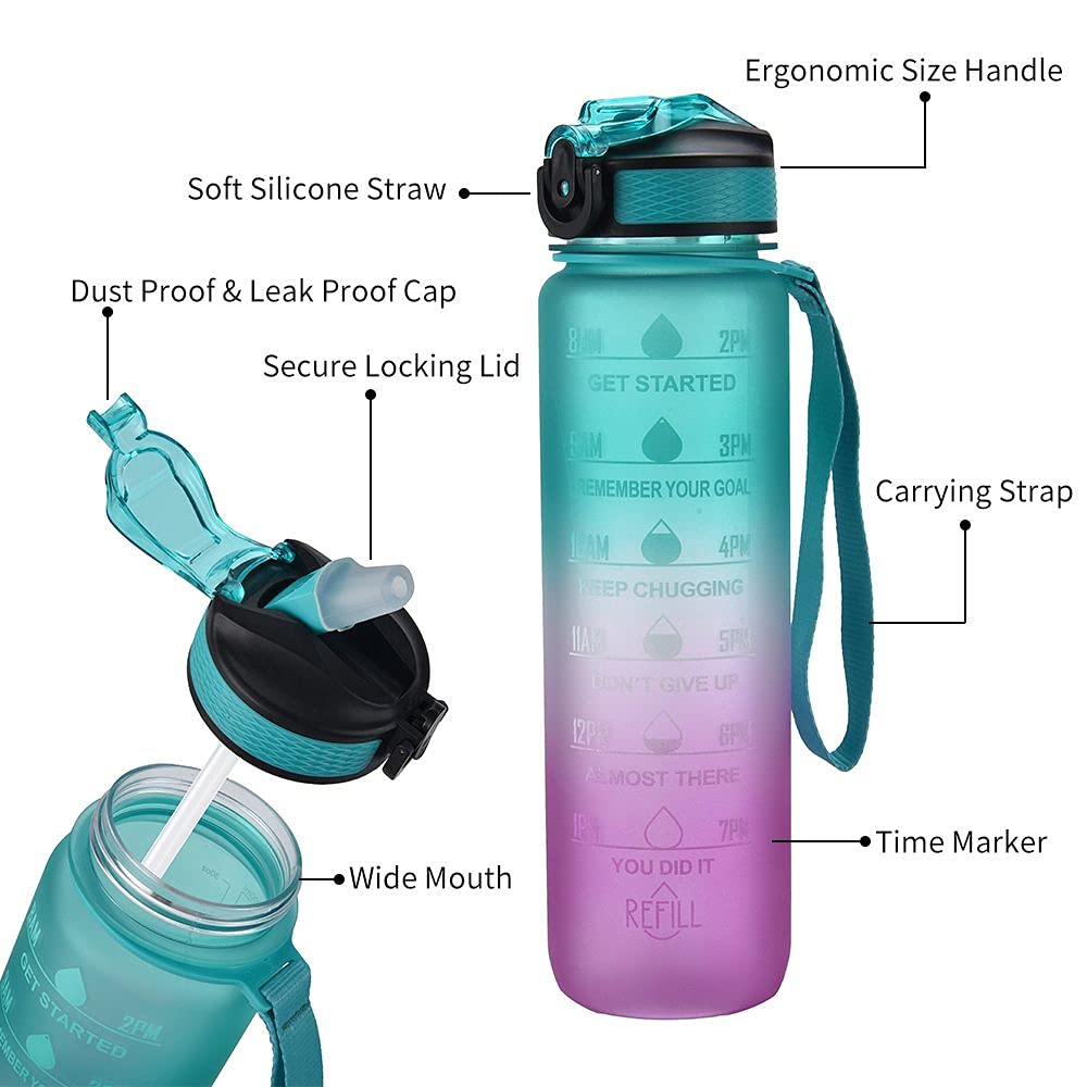 32oz Motivational Water Bottle with Time Marker & Straw - BPA Free, Fast Flow, Non-Toxic - Ideal for Gym, Fitness & Outdoor Sports - Perfect for Hydration Tracking During Workouts, Hiking & Running (Green & Purple)
