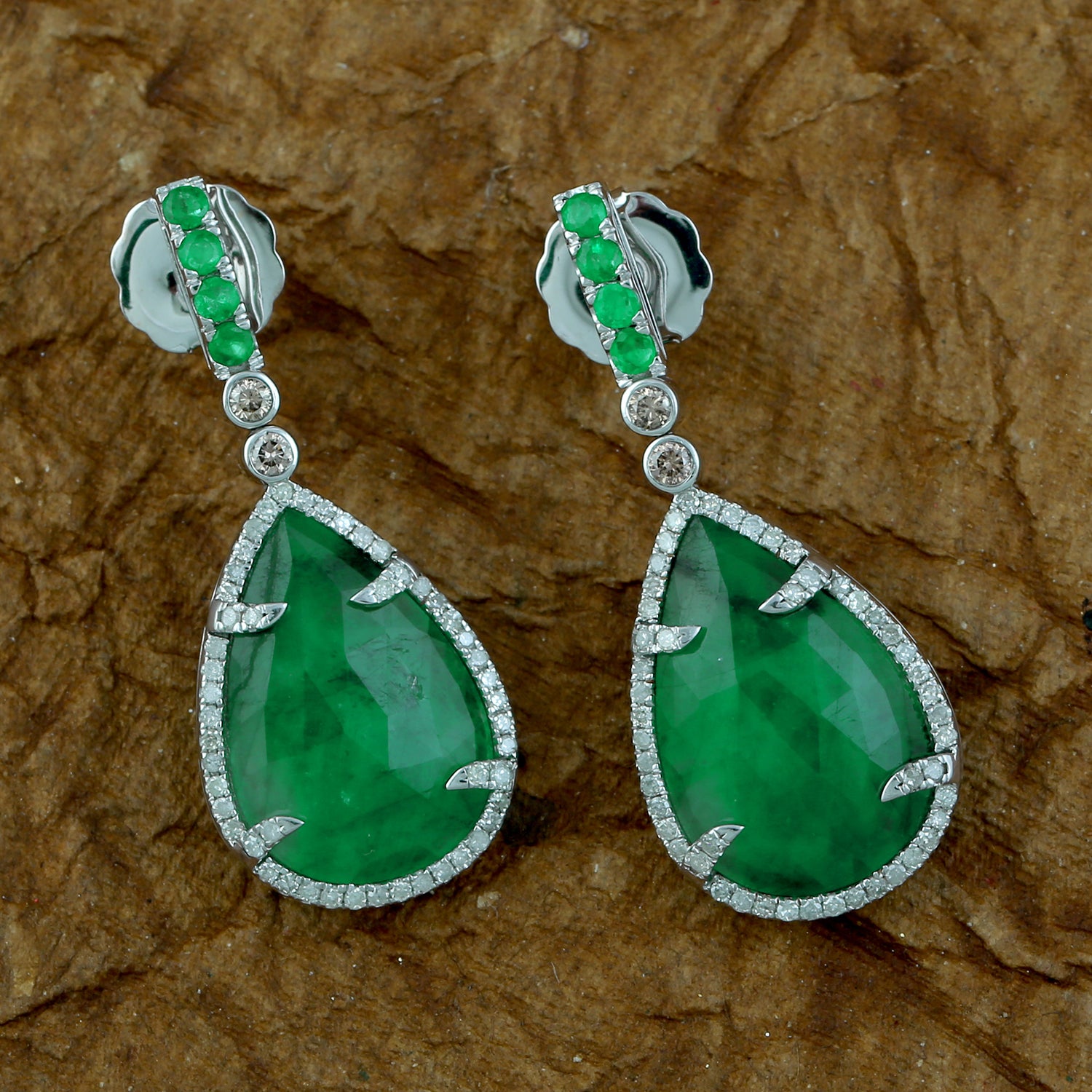 18K White Gold Pear Emerald Diamond Dangle Earrings - Handmade Luxury Jewelry for Women - Perfect for Weddings, Parties & Special Occasions