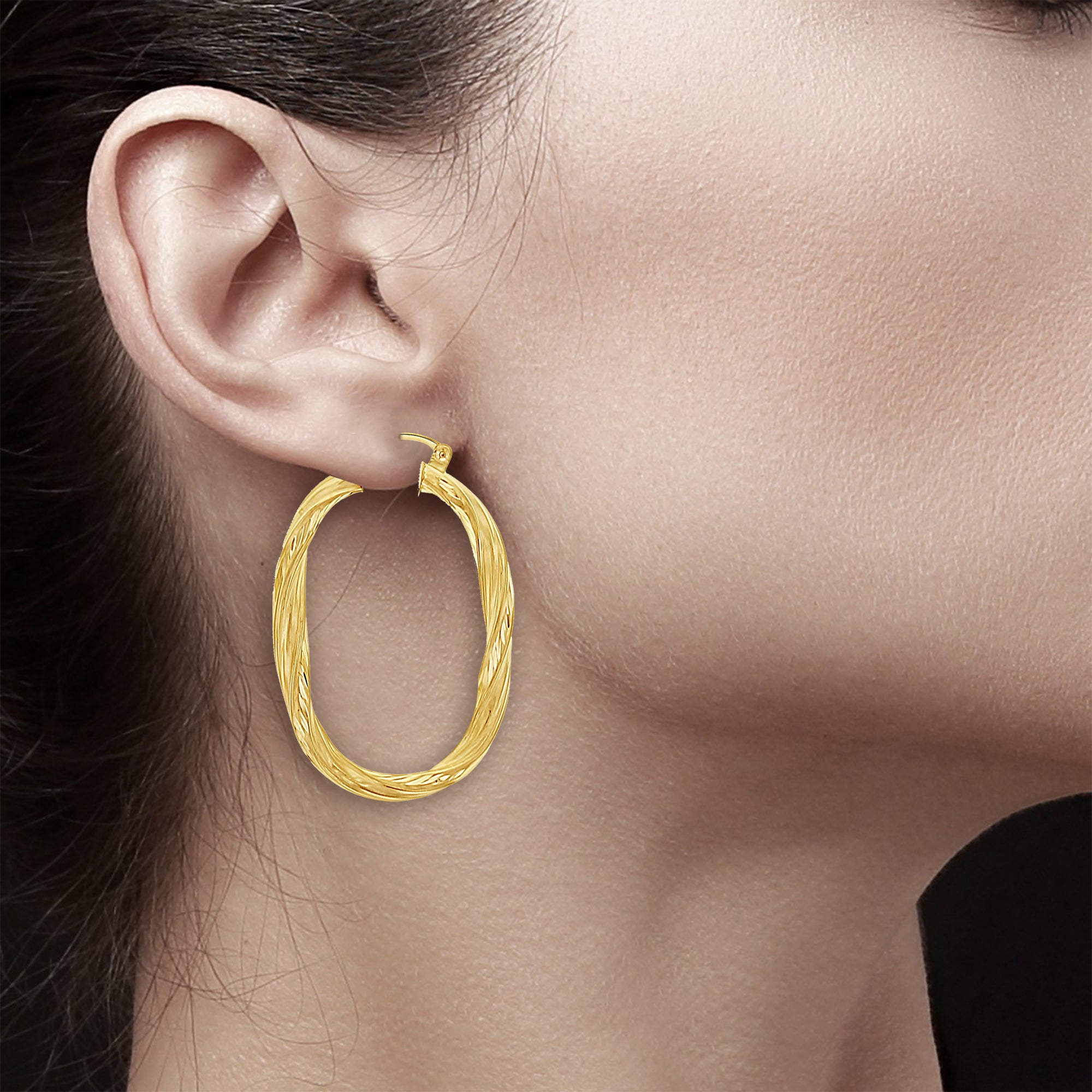 14K Yellow Gold Oval Twisted Diamond Cut Hoop Earrings for Women - Elegant Everyday Wear & Special Occasions