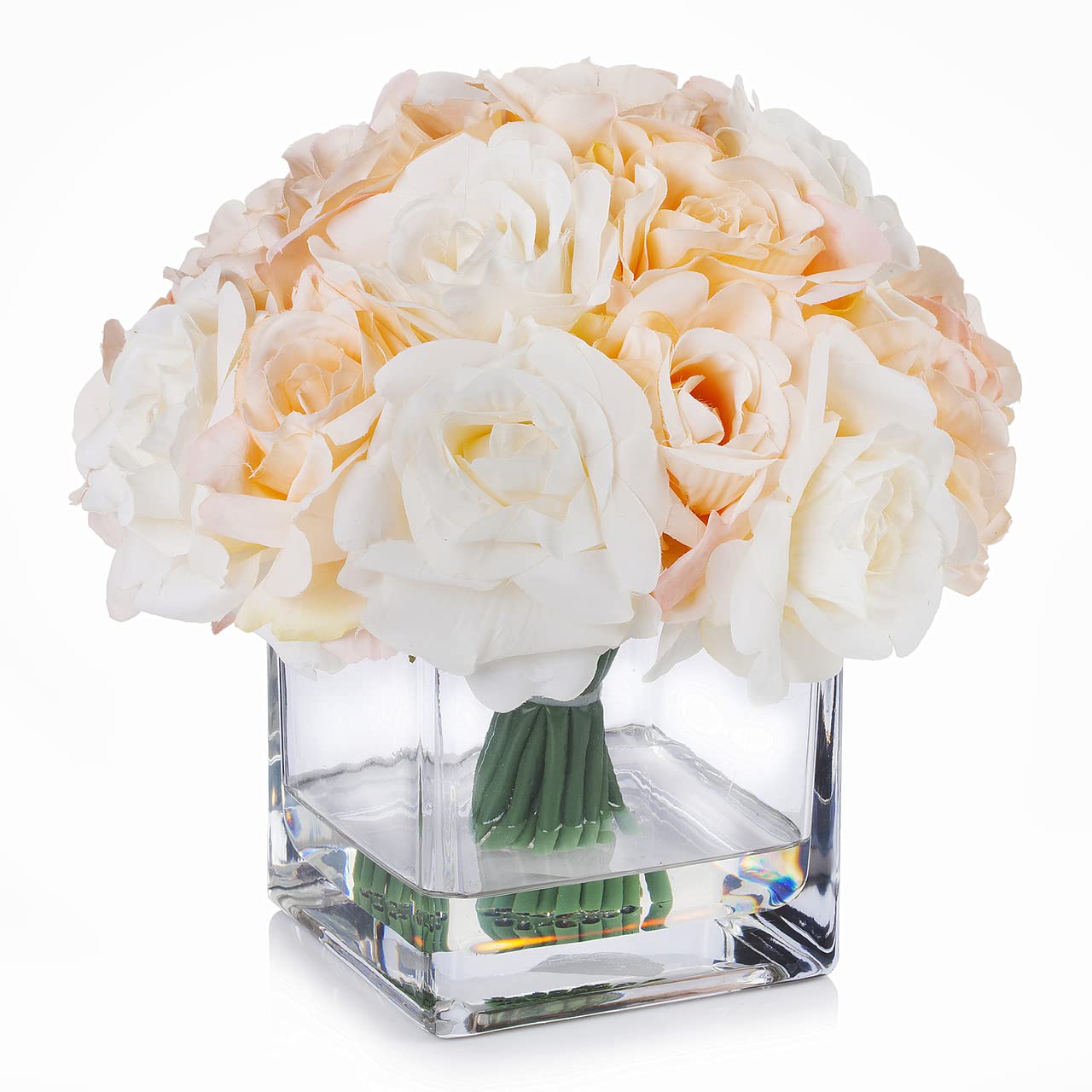 ENOVA FLORAL 18-Piece Artificial Rose Flowers in Vase with Faux Water - Cream Beige Fake Flowers for Wedding Centerpieces, Dining Table Decor, Home & Office Decoration