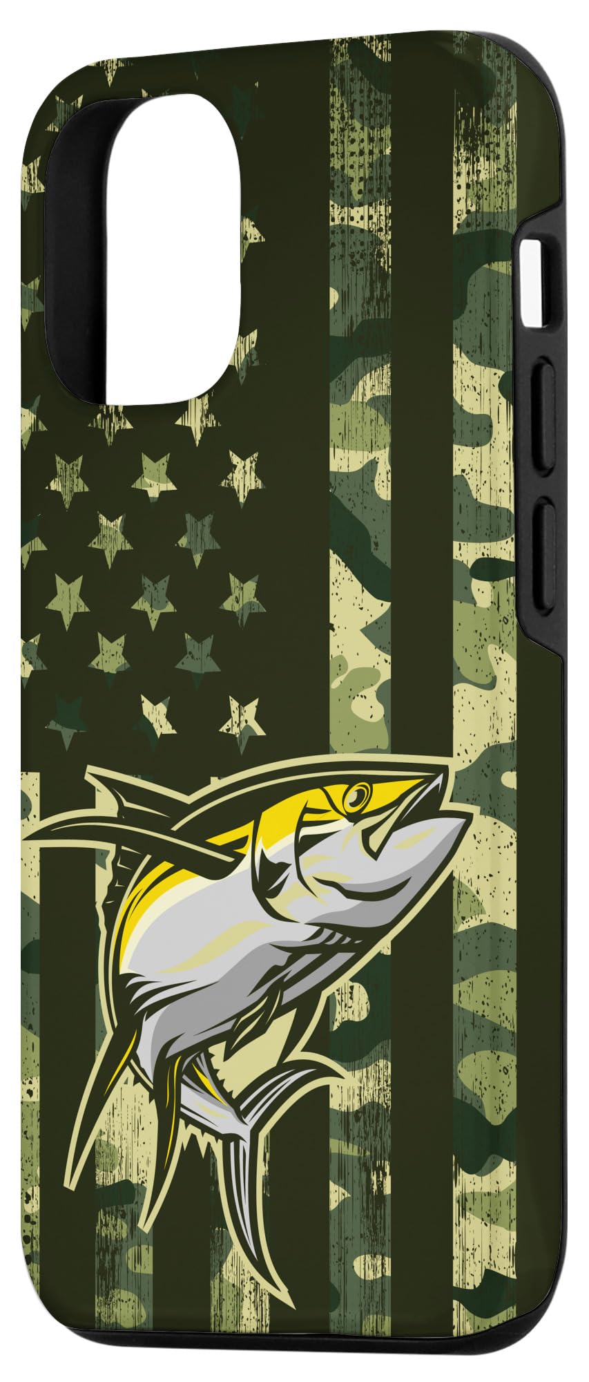 iPhone 15 Pro Max Camo American Flag Waterproof Fishing Case - Durable Protective Cover for Yellowfin Tuna Fishing & Outdoor Adventures (Compatible with iPhone 15 Series)