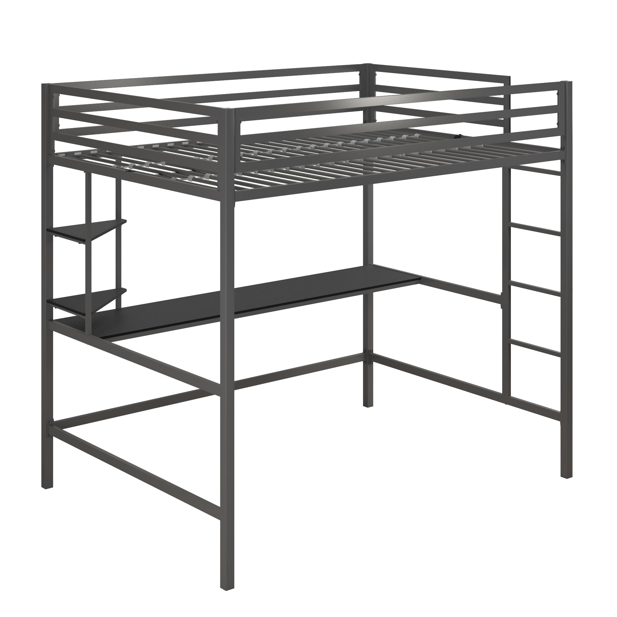 Novogratz Maxwell Metal Full Loft Bed with Built-in Desk & Shelves - Space Saving Gray/Black Bed Frame for Small Rooms, Dorms & Apartments