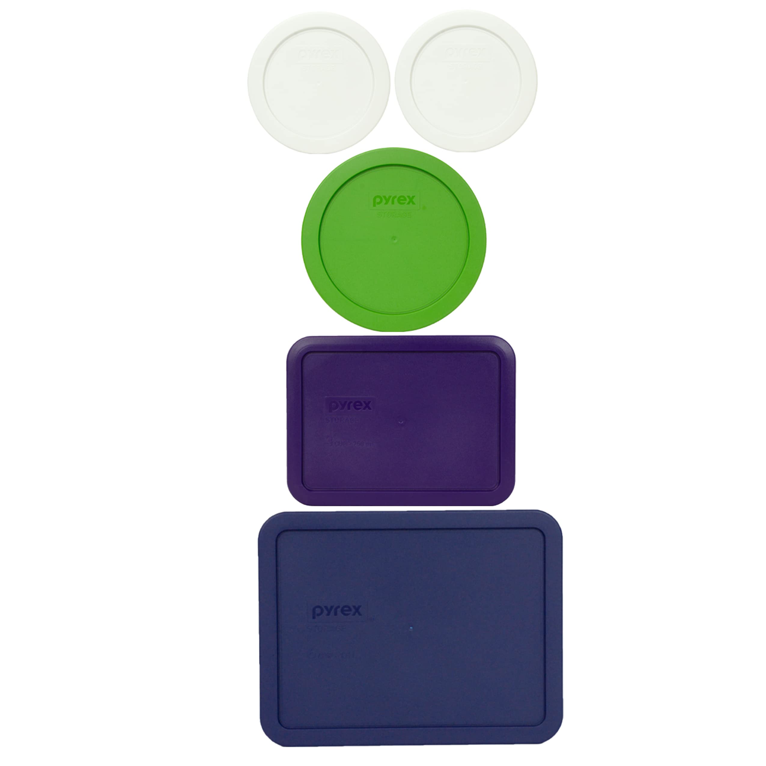 Pyrex Glass Food Storage Containers with 5 Lids (White, Lawn Green, Plum Purple, Dark Blue) - Made in USA - Airtight for Meal Prep, Leftovers & Pantry Organization
