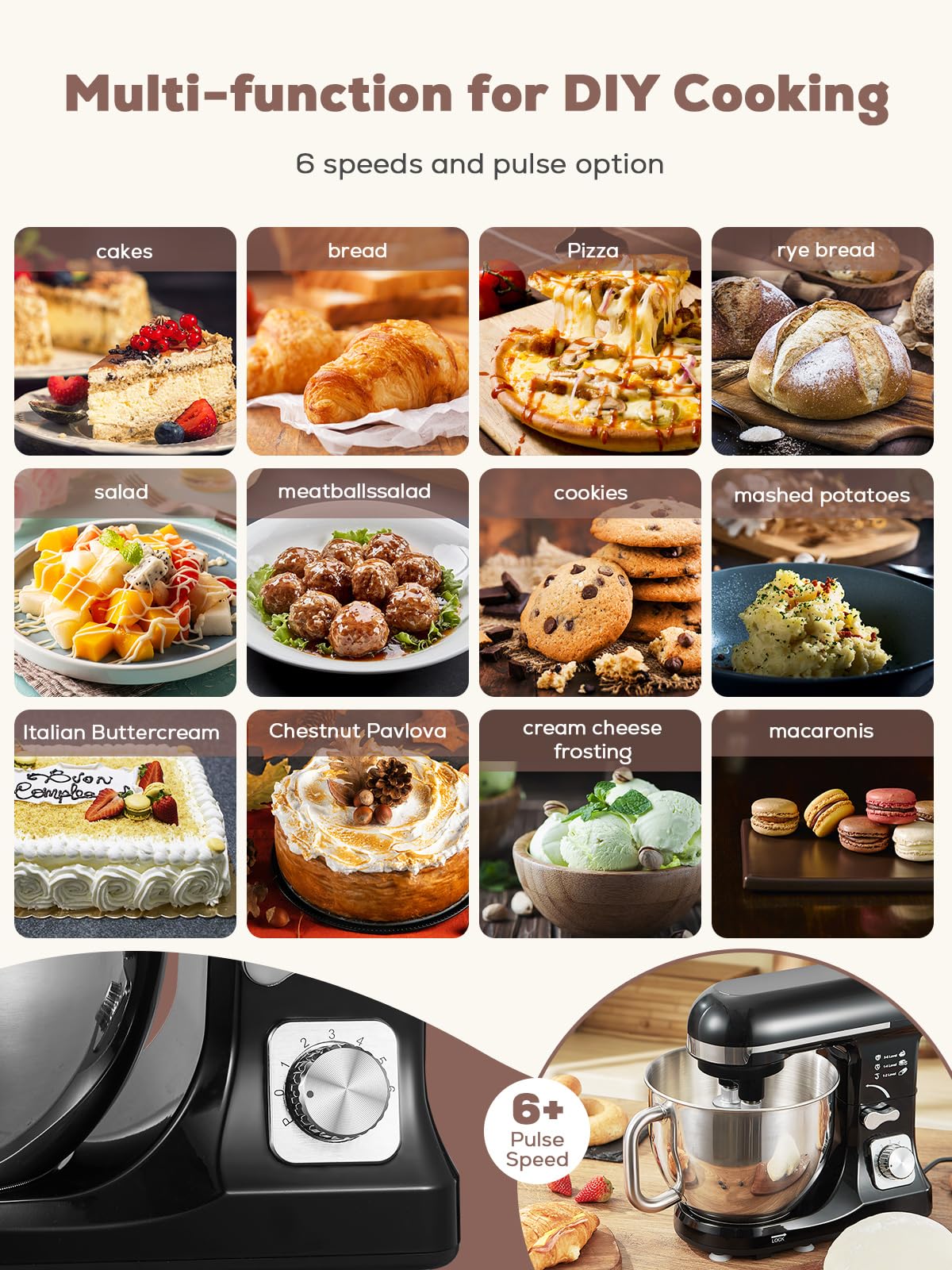 Fohere 6+ Speed Stand Mixer with Tilt-Head - Includes Double Dough Hook, Wire Whip & Beater - 4.5QT Stainless Steel Bowl with Handle & Pouring Shield - Perfect for Baking Bread, Cakes & Cookies - Dishwasher Safe (Black) - Ideal for Home Bakers & Kitchen Enthusiasts