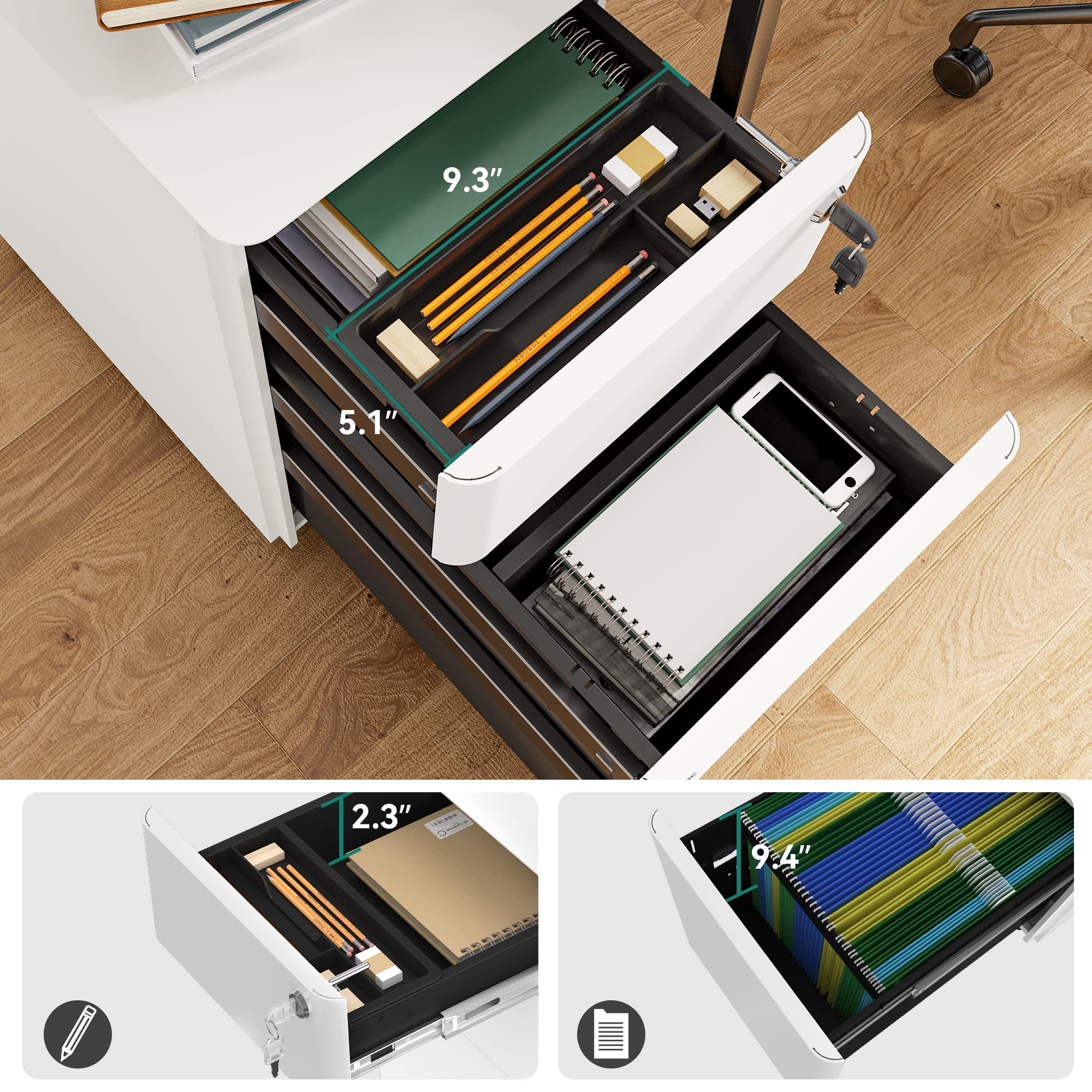YITAHOME 3-Drawer Lockable Metal Filing Cabinet with Keys, Slim Space-Saving Office Storage for A4 Letter Legal Documents - Perfect for Home Office, Small Business & School Organization (White)