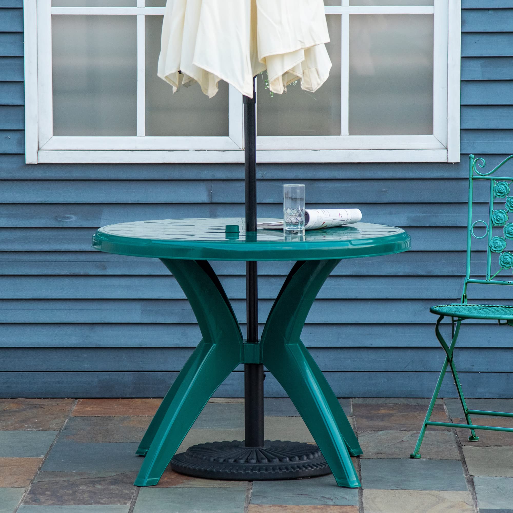 Outsunny 36.25 Inch Round Plastic Outdoor Patio Table with Umbrella Hole - Weather-Resistant Bistro Dining Table for Garden, Backyard, Poolside, Restaurant, Cafe | Perfect for Outdoor Entertaining, Al Fresco Dining, and Relaxing in Your Yard
