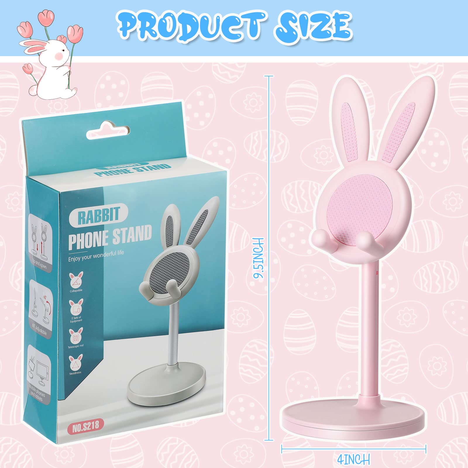 Kathfly 2 Pack Adjustable Bunny Phone Stand - Cute Kawaii Phone Holder for Desk, Easter Gift for Women & Girls (Pink/Blue) - Perfect for Watching Videos, Video Calls & Hands-Free Browsing