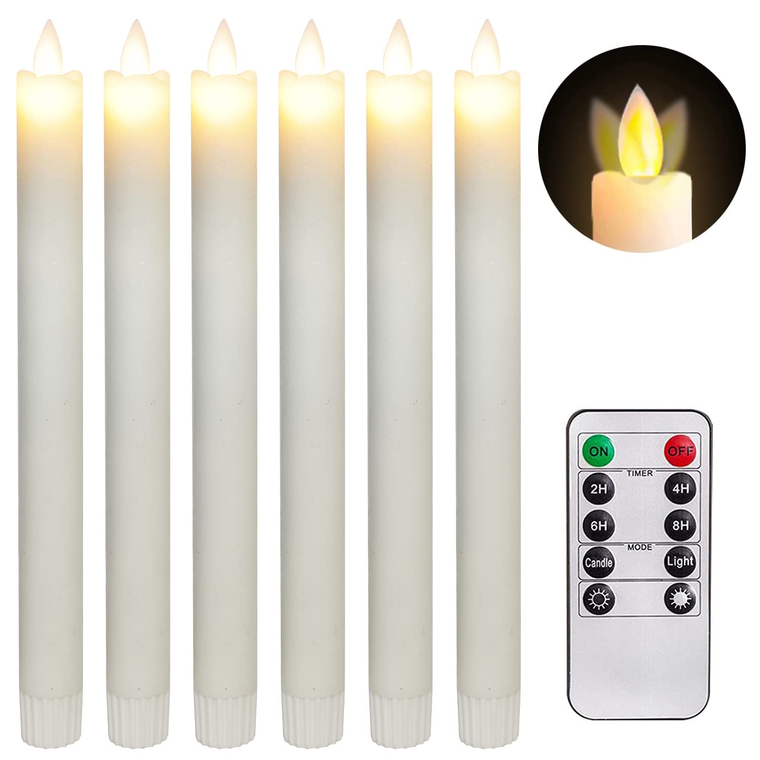 Flameless LED Taper Candles with Remote & Timer - Real Wax Moving Wick, 6-Pack Ivory (9.5