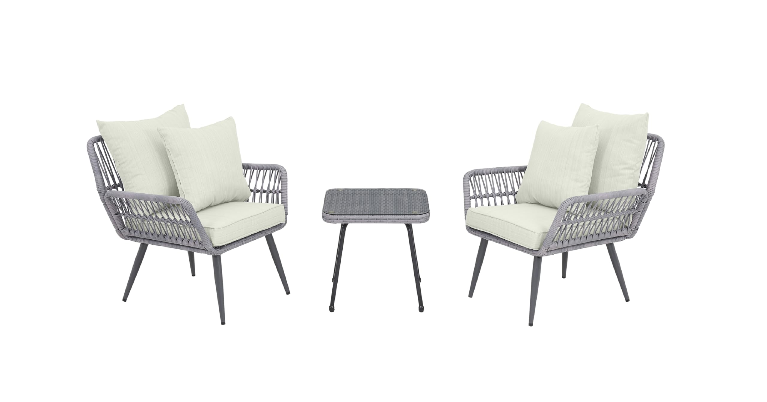Modern Cannes 3-Piece Patio Conversation Set with Cushioned Rope Wicker Chairs & Glass Top End Table - Outdoor Furniture for Garden, Balcony, Poolside - Washable Cream Cushions & Durable Wicker Design
