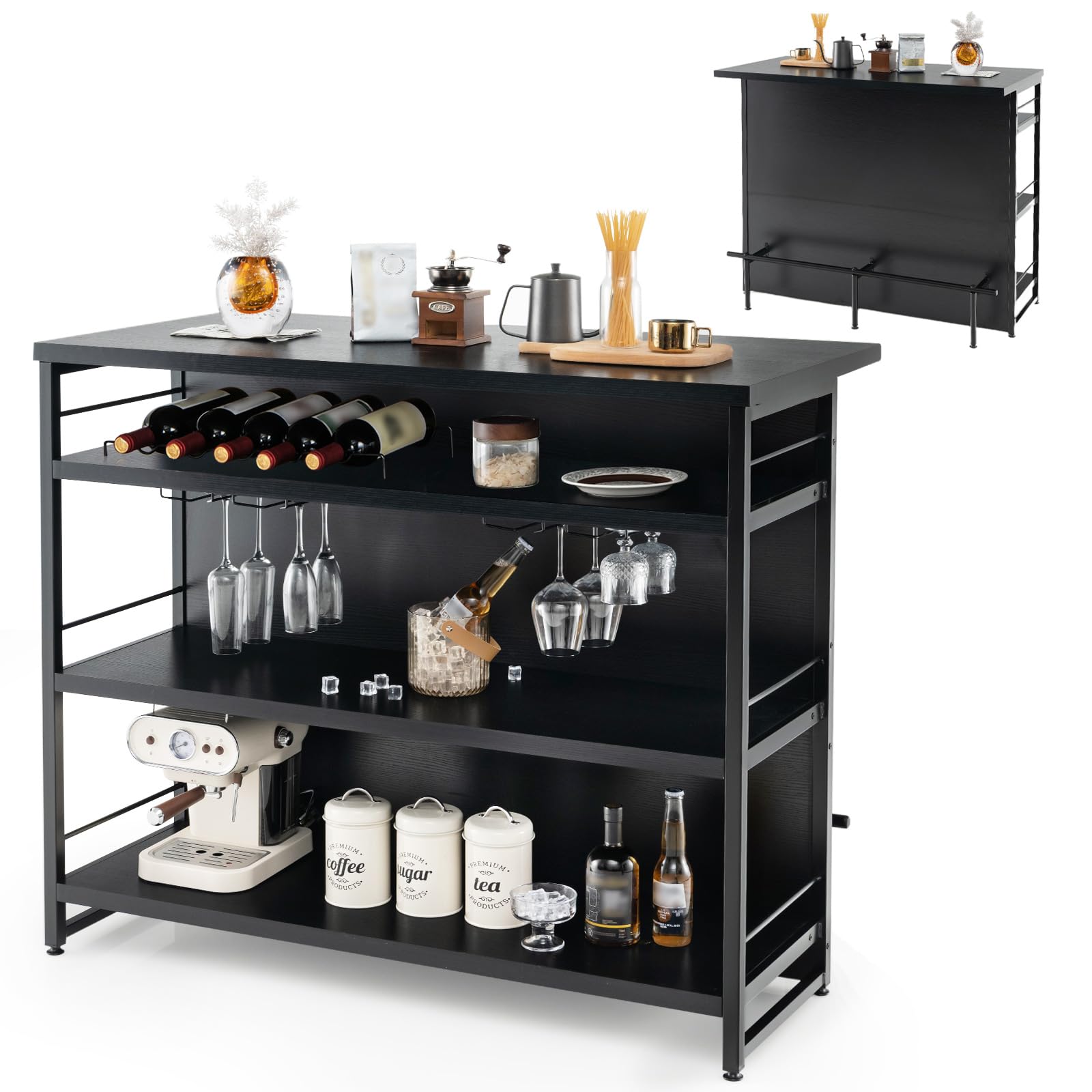 Giantex 4-Tier Industrial Home Bar Cabinet with Wine Rack, Glass Holder & Footrest - Corner Mini Bar Table for Kitchen, Living Room, Pub & Office (Black) | Perfect for Entertaining, Small Space Storage & Coffee Station Setup
