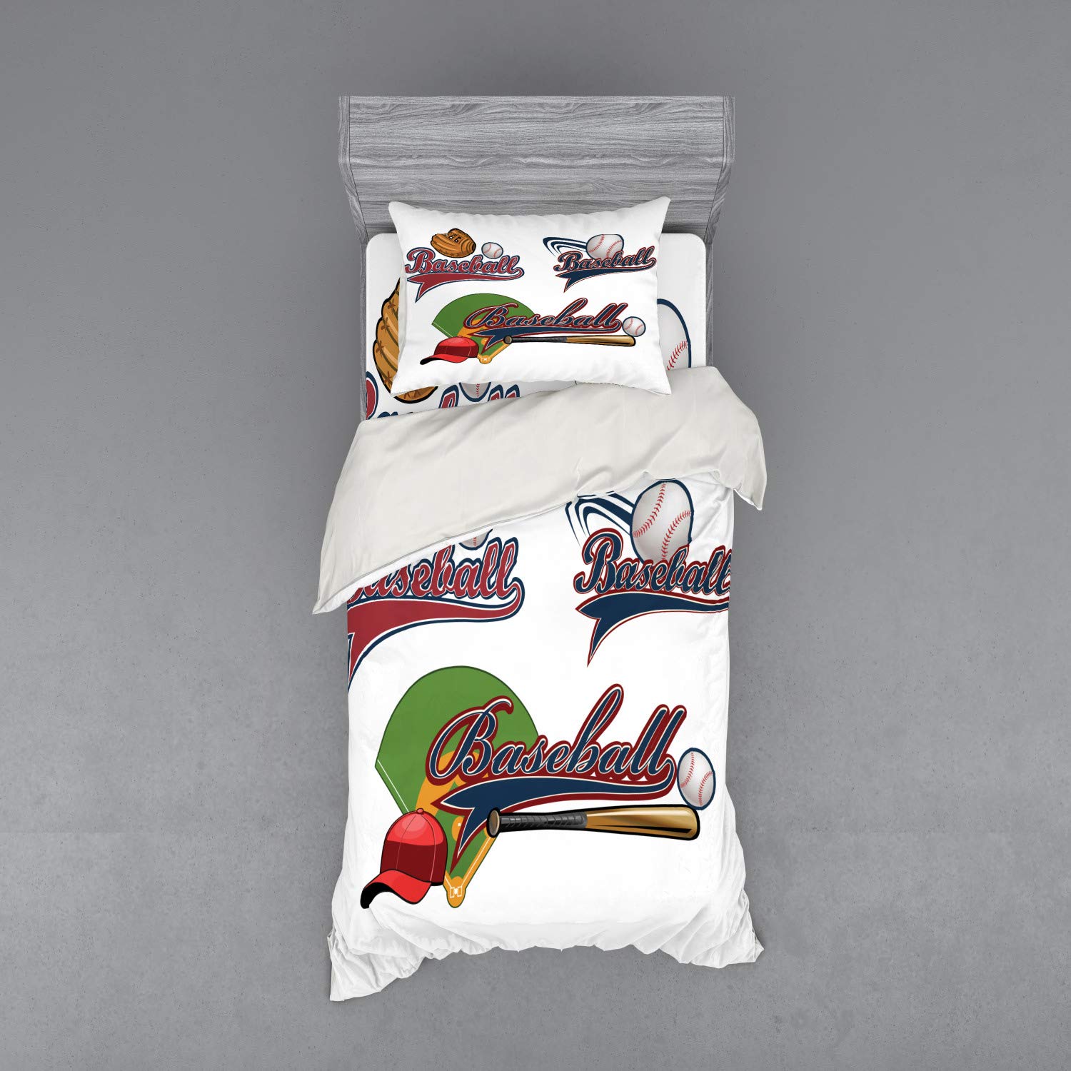 Ambesonne Baseball Sports Bedding Set - 3 Piece Duvet Cover with Sham & Fitted Sheet, Twin XL Size, Multicolor Team Design - Perfect for Baseball Fans, Kids Room & Sports Themed Bedrooms