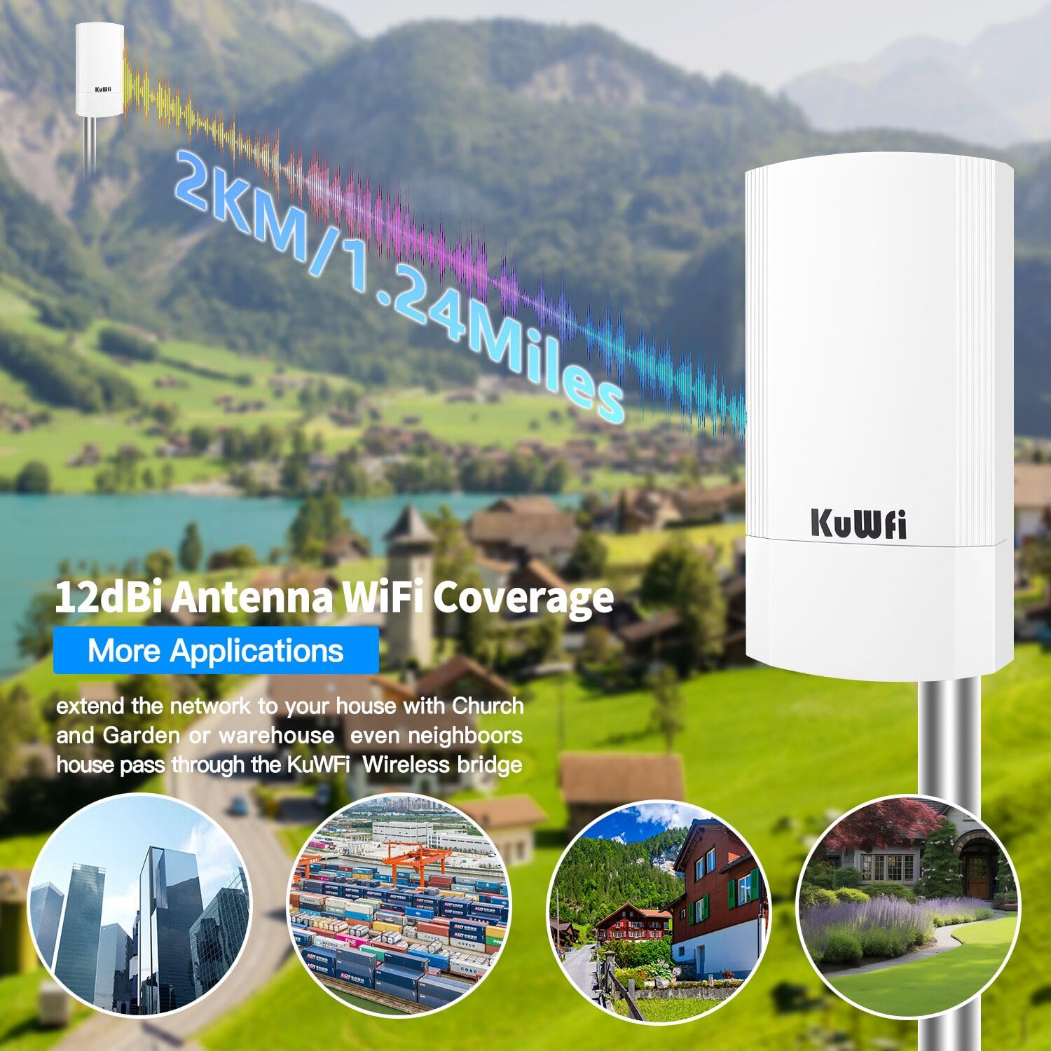 KuWFi 5.8GHz 900Mbps Outdoor Wireless Bridge - Long Range 2KM Point to Point Network Extender, IP65 Waterproof WiFi Ethernet Bridge Kit for Starlink Router Signal Boosting | Perfect for Rural Internet, Farm Connectivity & Remote Surveillance