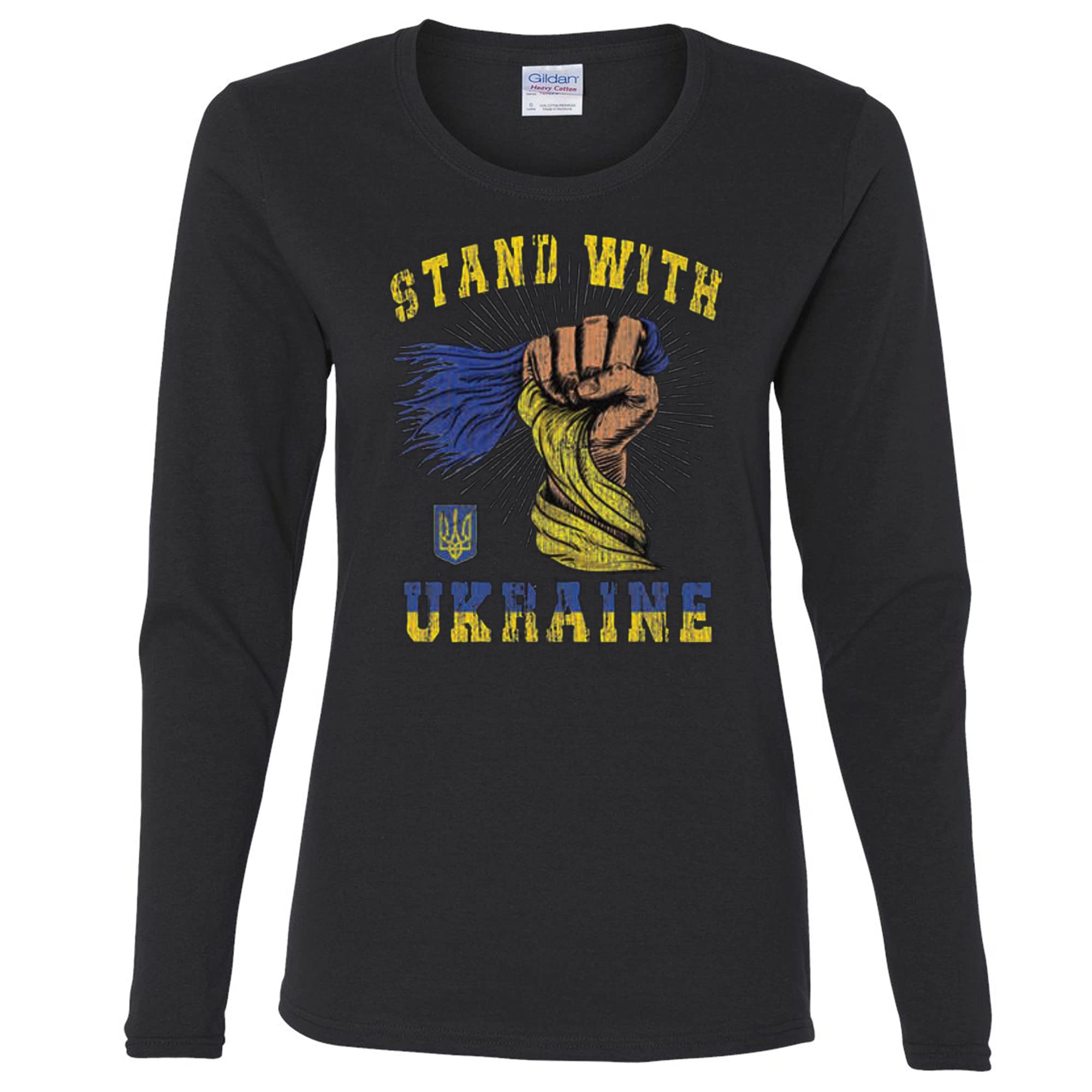 Stand with Ukraine Distressed T-Shirt - Women's Long Sleeve Custom Apparel for Protest, Solidarity & Casual Wear