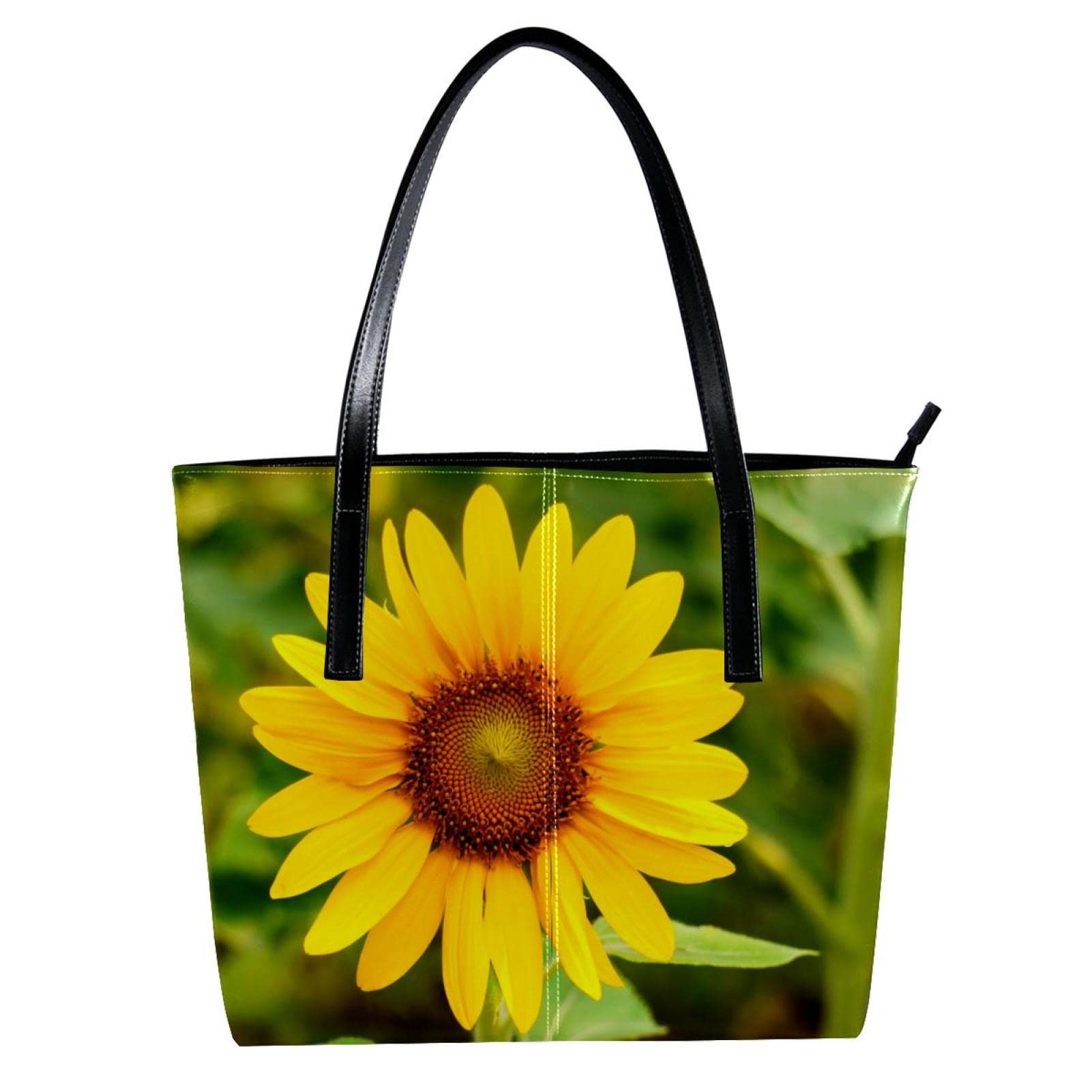 **Yellow Blooming Sunflowers Women's Leather Tote Bag - Large Black Handbag for Work, School & Travel - Stylish Shoulder Purse for Everyday Use**