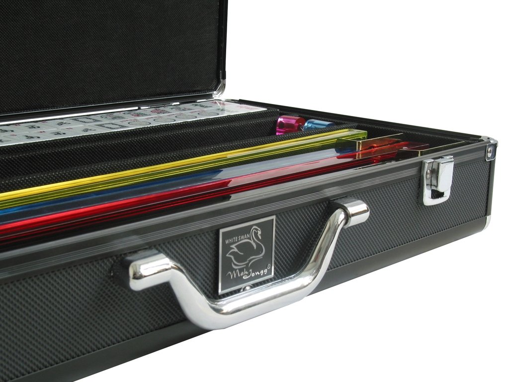 Premium American Mahjong Set with White Tiles, Pusher Arms & Durable Aluminum Case - Classic Black Design for Family Game Nights, Parties & Casino-Themed Events