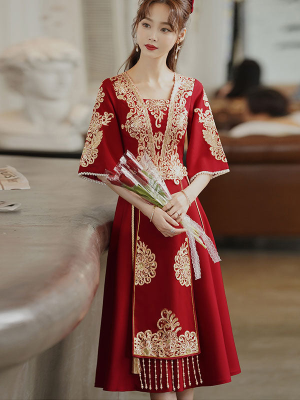 Elegant Burgundy Square Neck A-Line Qipao Cheongsam Wedding Dress for Brides - Perfect for Traditional Chinese Ceremonies, Tea Parties, and Vintage-Themed Weddings