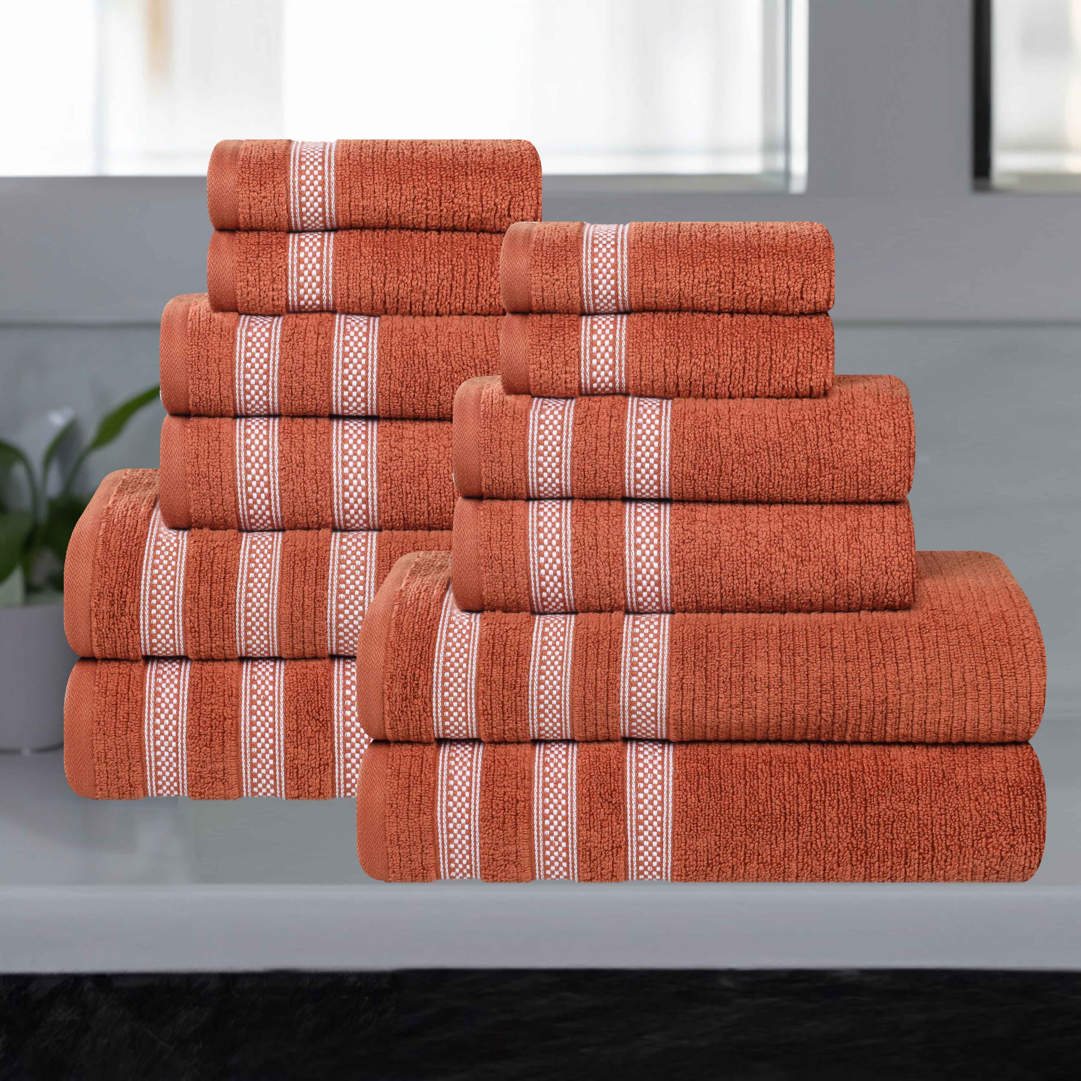 12-Piece Zero Twist Cotton Ribbed Geometric Border Plush Towel Set | Ultra Soft & Absorbent Bath, Beach & Gym Towels for Home & Travel