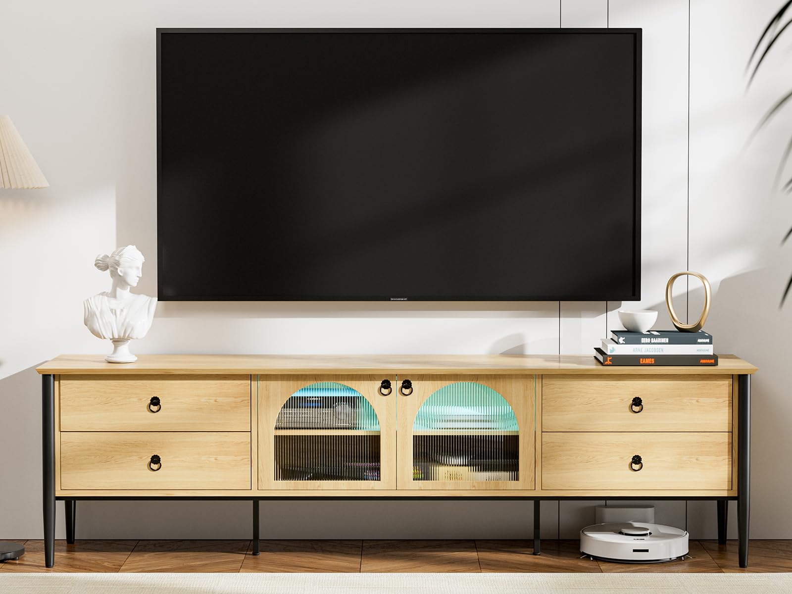 85 Inch Glass LED TV Stand - Modern Entertainment Center with 2 Glass Doors & 4 Drawers - Wooden Console Table for Living Room & Bedroom - Perfect for Home Theater Setup & Media Storage