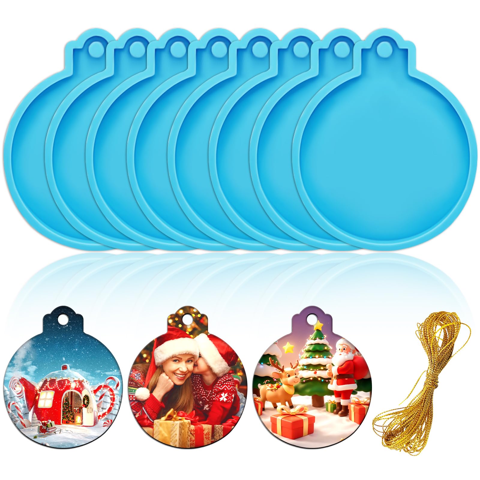 FEBSNOW 8PCS Christmas Ornament Resin Molds - Round Silicone DIY Craft Molds with Strings for Epoxy Pendant Casting - Holiday Xmas Home Decor (Blue) - Perfect for DIY Gifts, Tree Decorations & Festive Craft Projects