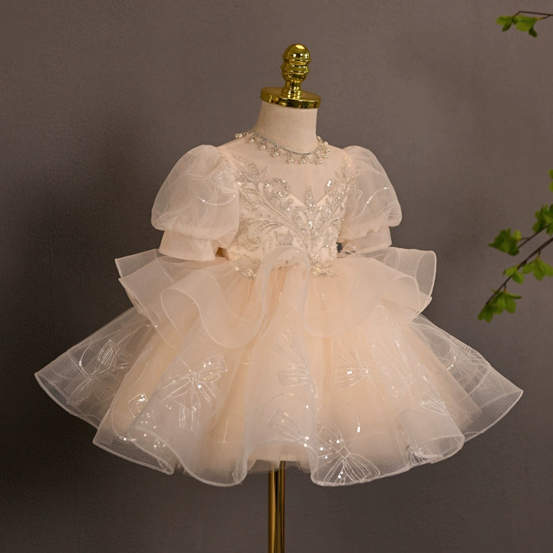 Champagne Princess Sweetheart Tea-Length Tulle Flower Girl Dress for Weddings, Baptisms & Special Occasions