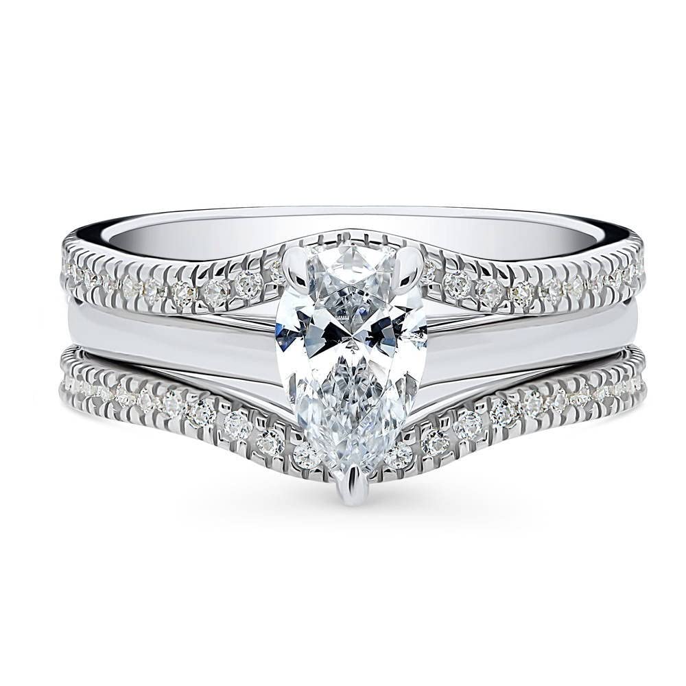 BERRICLE Sterling Silver Pear Cut Cubic Zirconia Solitaire Engagement Ring Set for Women - 0.8 Carat CZ Wishbone Wedding Band, Rhodium Plated, Size 4-10 | Perfect for Proposals, Anniversaries & Bridal Jewelry