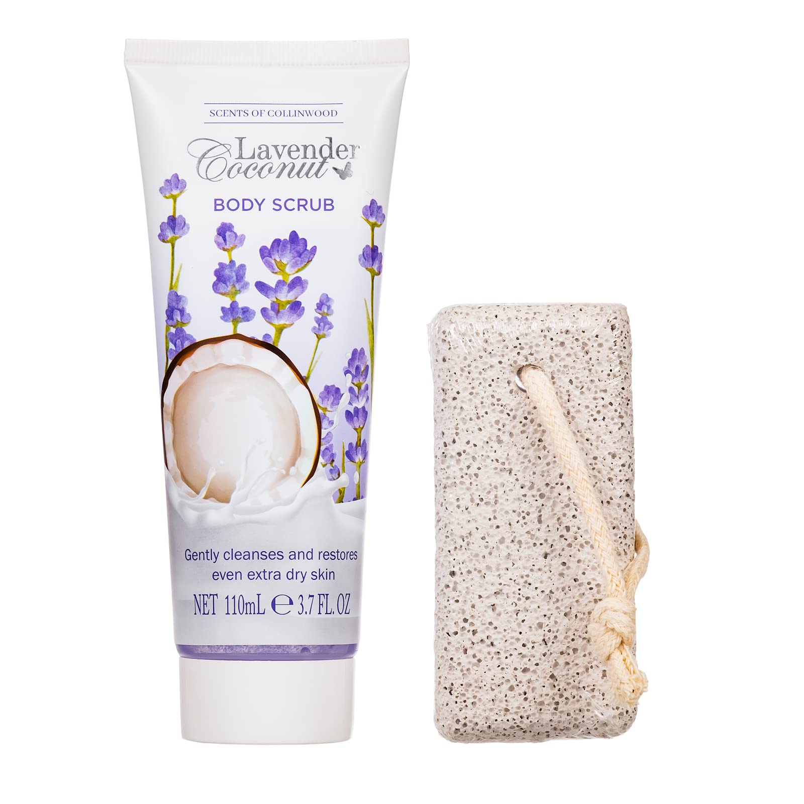 Scents of Collinwood - 4 Piece Lavender Coconut Scented Bath Gift Set for Women - Body Scrub, Body Butter, Bath Salts & Pumice Stone - Spa & Relaxation at Home - Purple