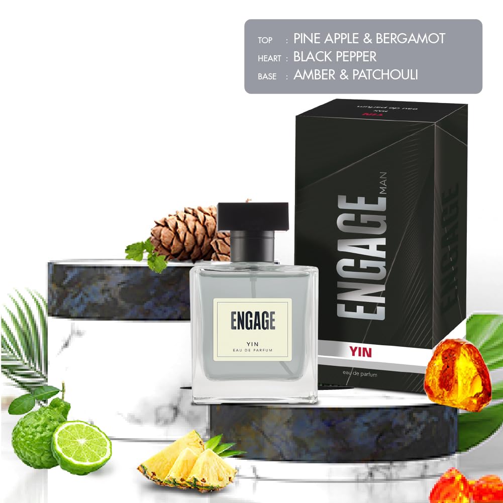 Engage Yin Perfume for Men - Long Lasting Spicy Woody Cologne | 100ml Eau de Toilette | Free Tester Included | Perfect Gift for Him | Office, Date Night & Special Occasions