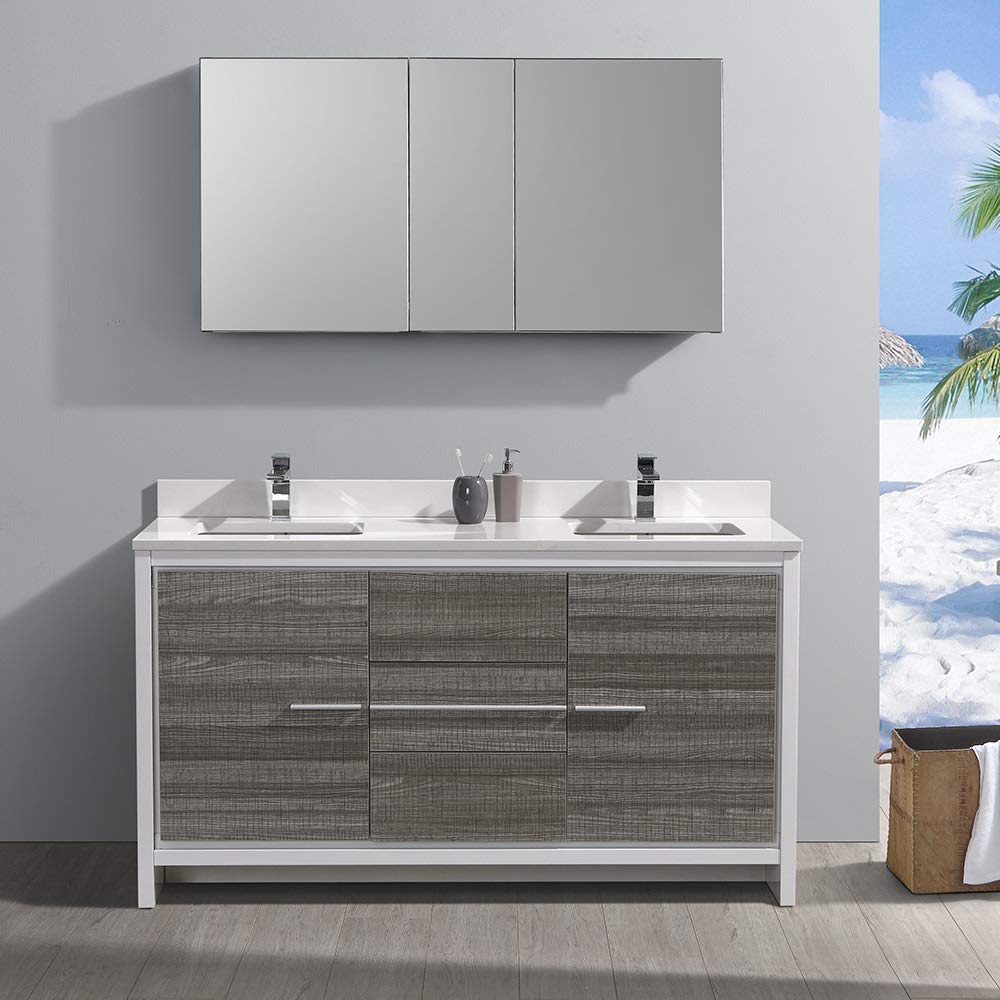 Fresca Allier Rio 60 Inch Modern Bathroom Vanity with Double Sink & Medicine Cabinet in Ash Gray - Perfect for Master Bathrooms and Guest Suites