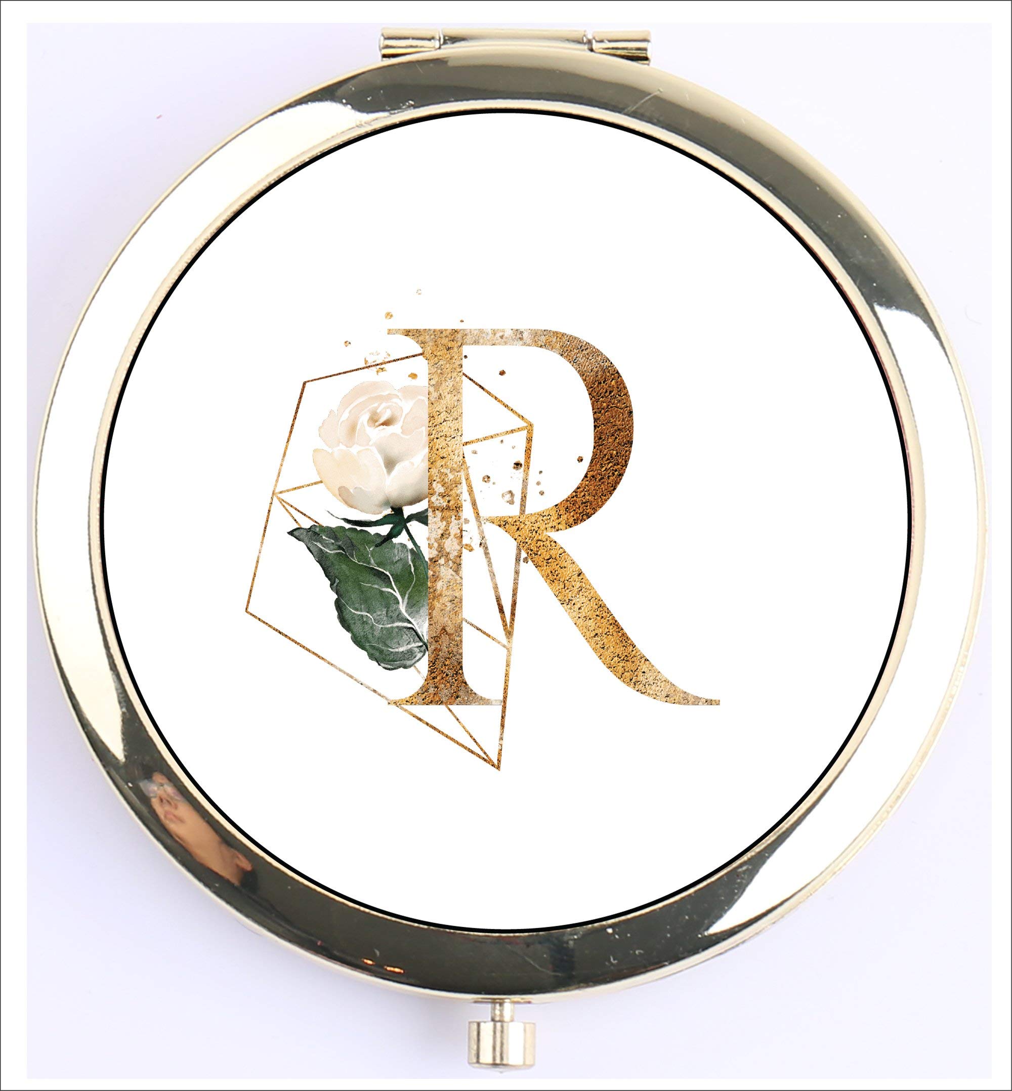 Personalized Monogram Compact Mirror - Gold Pocket Mirror with Initial (Letter R) - Perfect Bridesmaid Gift, Bachelorette Party Favors & Travel Makeup Essential