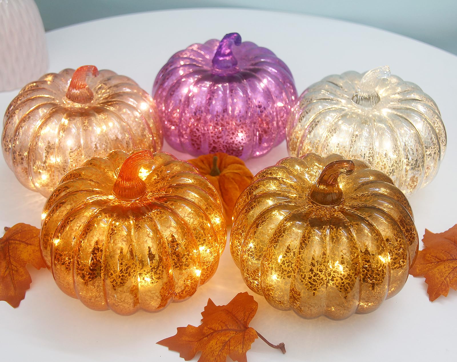 Mercury Glass Pumpkin Light with Timer - Battery Operated LED Pumpkin with 10 Warm White Fairy Lights Inside | Perfect for Halloween Decorations, Fall Centerpiece, Thanksgiving Table Decor, Christmas Home Decor & Rustic Wedding Accents (Rose Gold)