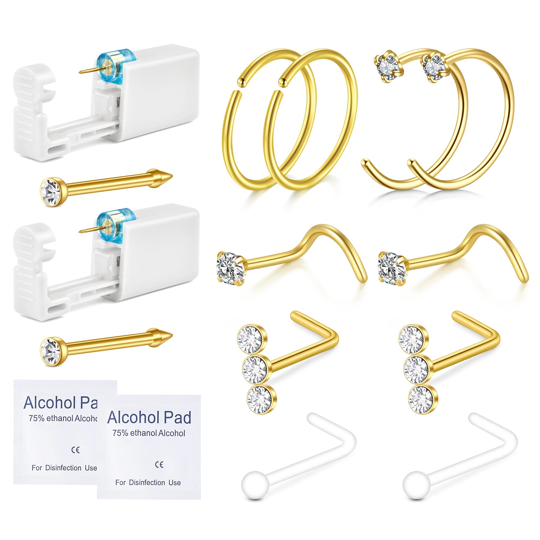 QWALIT 2-Pack Gold Nose Piercing Kit with Disposable Piercing Gun & Nose Rings - Safe & Easy At-Home Self Piercing Kit for Professional Results | Perfect for First-Timers, Travel, and DIY Beauty