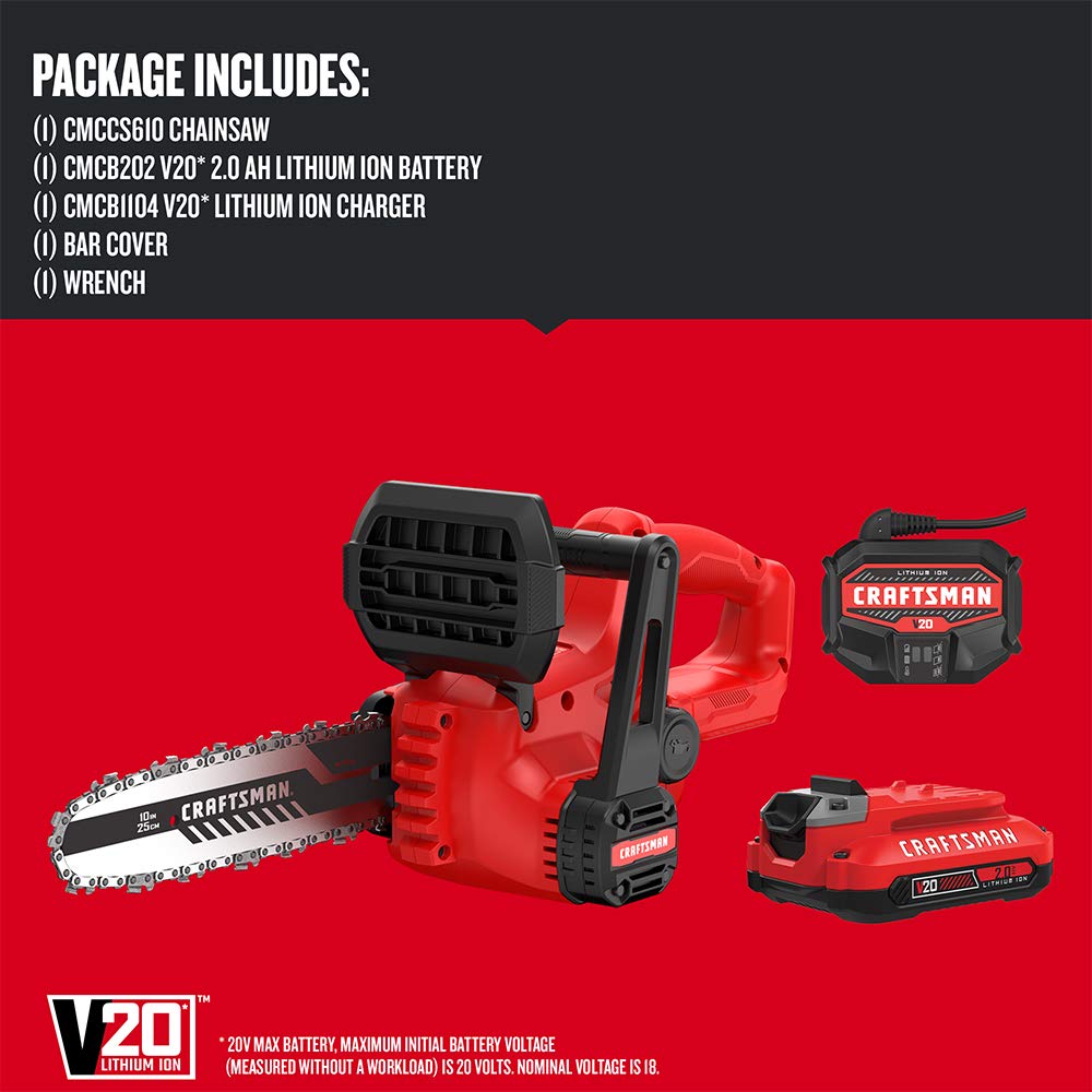 CRAFTSMAN V20 10-Inch Cordless Mini Chainsaw with Battery & Charger (CMCCS610D1) - Perfect for Tree Trimming, Yard Maintenance & DIY Wood Cutting Projects