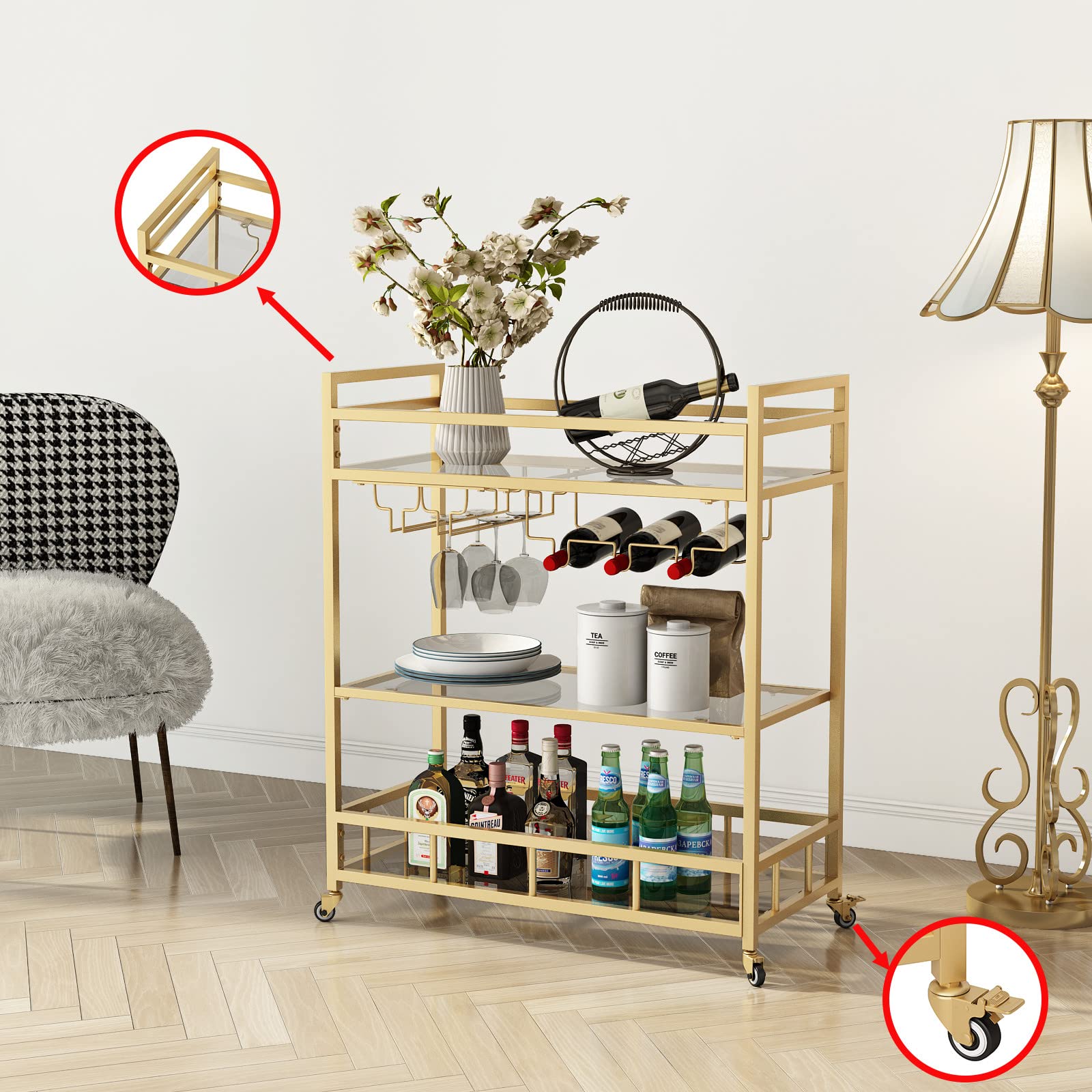 3-Tier Gold Rolling Bar Cart with Bottle Storage & Wine Glass Holder - Mobile Serving Cart for Indoor & Outdoor Use, Perfect for Parties, Patios & Kitchen Entertaining