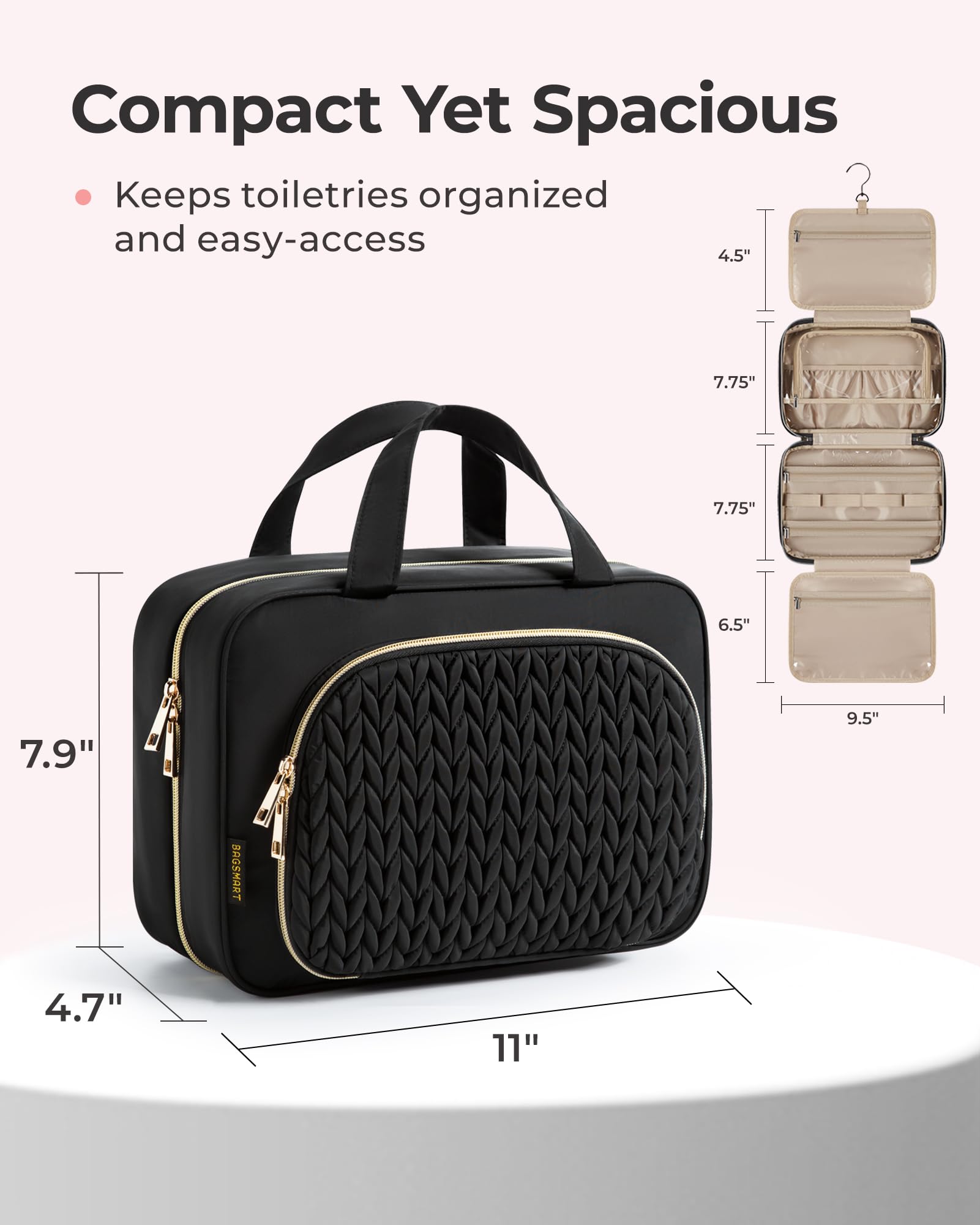 BAGSMART Hanging Travel Toiletry Bag with Jewelry Organizer - Waterproof Makeup Cosmetic Bag for Women & Men - Perfect Carry-on Toiletry Organizer for Airplane, Camping, Gym & Business Trips - Black
