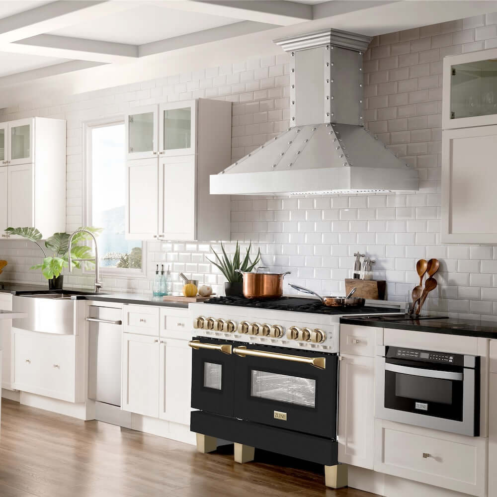 ZLINE Autograph Edition 48-inch 6.0 cu. ft. Dual Fuel Range with 7-Burner Gas Cooktop & 2 Electric Ovens - Satin Stainless Steel, Black Matte Doors & Champagne Bronze Accents (RASZ BLM 48 CB) | Professional Kitchen Appliance for Home Chefs & Cooking Enthusiasts