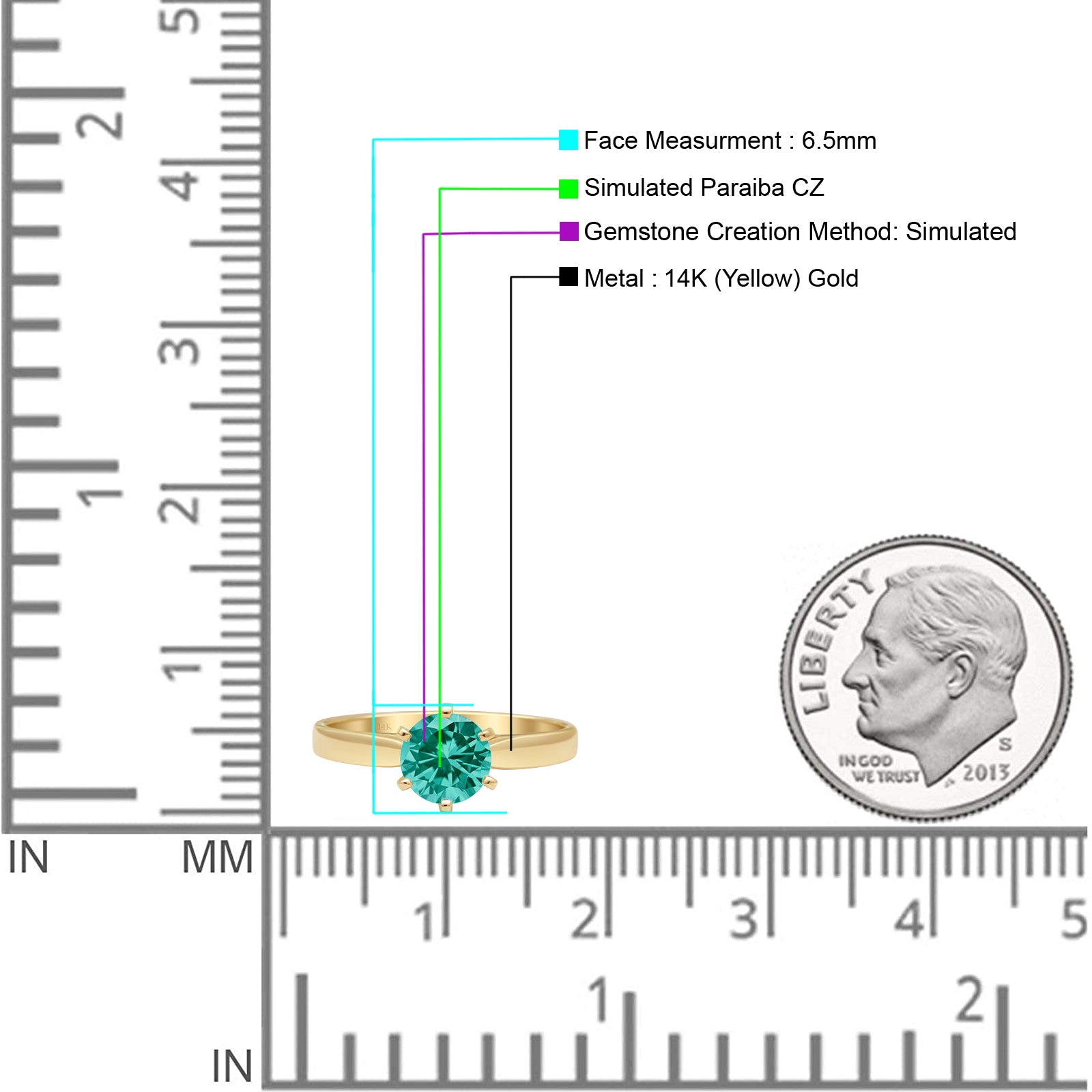14K Yellow Gold Round Solitaire Paraiba Tourmaline CZ Art Deco Ring - Vintage Inspired Engagement Ring for Women, Wedding Band, Anniversary Gift, Special Occasion Jewelry