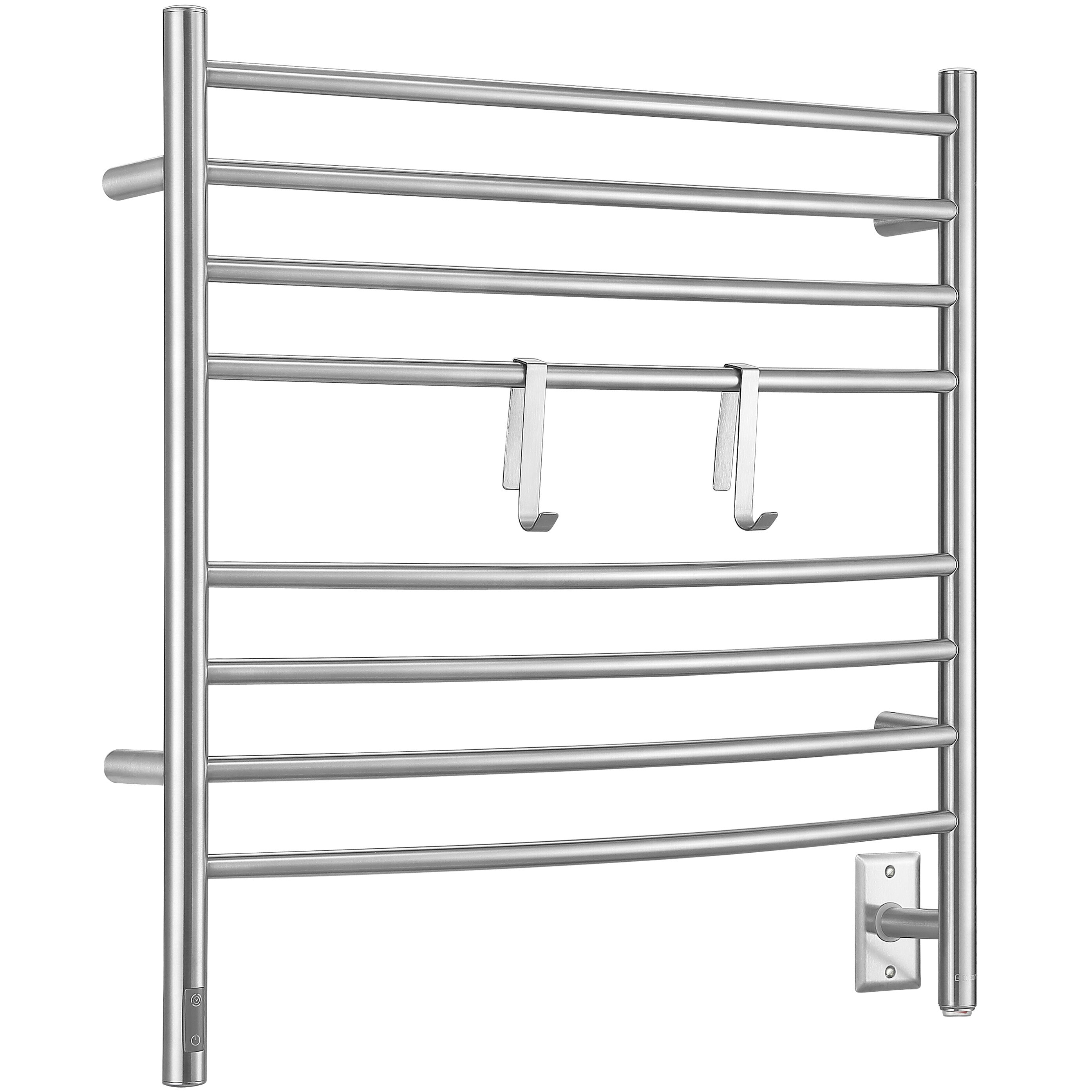 Arezzo OBT 8 Bar Hardwired & Plug-in Stainless Steel Towel Warmer with 2 Adjustable Hooks & Built-in Timer - Perfect for Bathrooms, Spas & Luxury Homes
