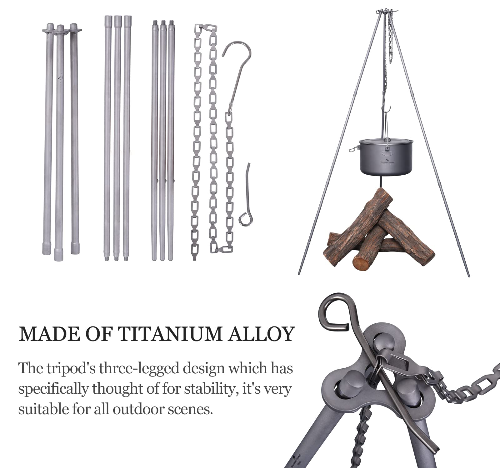 Adjustable Titanium Tripod Stand for Camping - Portable Outdoor Cookware Holder for Dutch Oven, Grill & Campfire Cooking | Perfect for Backpacking, Hiking & Wilderness Adventures (Ti9013O-Tripod)