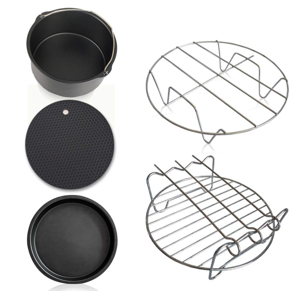 5-in-1 Multifunctional Air Fryer Accessories Kit with Cake Basket, Pizza Tray, Potholder & Grilling Rack - Perfect for Baking, Roasting & Air Frying Healthy Meals at Home