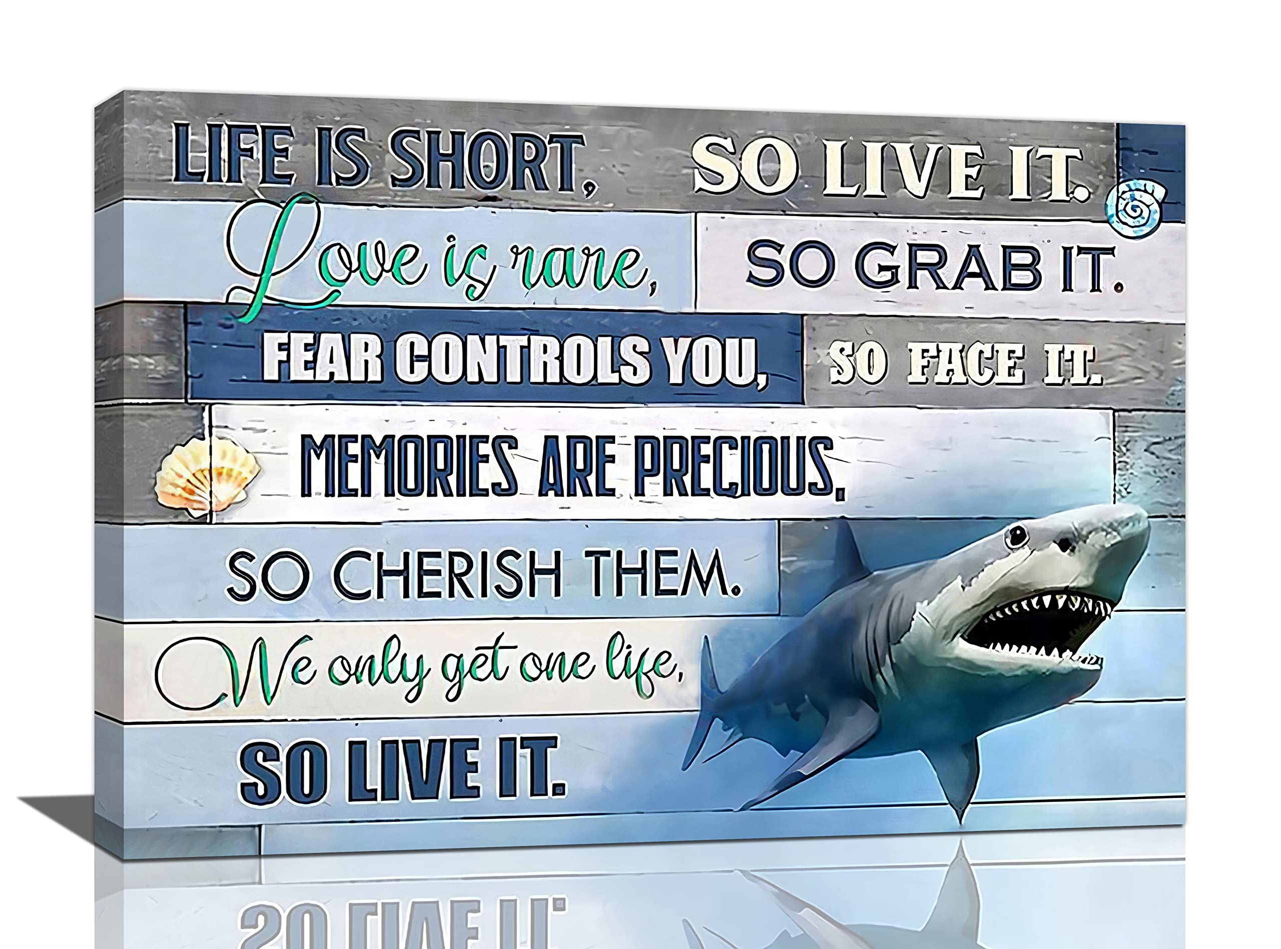 Ocean Shark Canvas Wall Art - 16x24 Inch Framed Bathroom Decor, Modern Beach Themed Painting for Living Room & Bedroom - Perfect for Coastal Home Decor & Nautical Theme Spaces