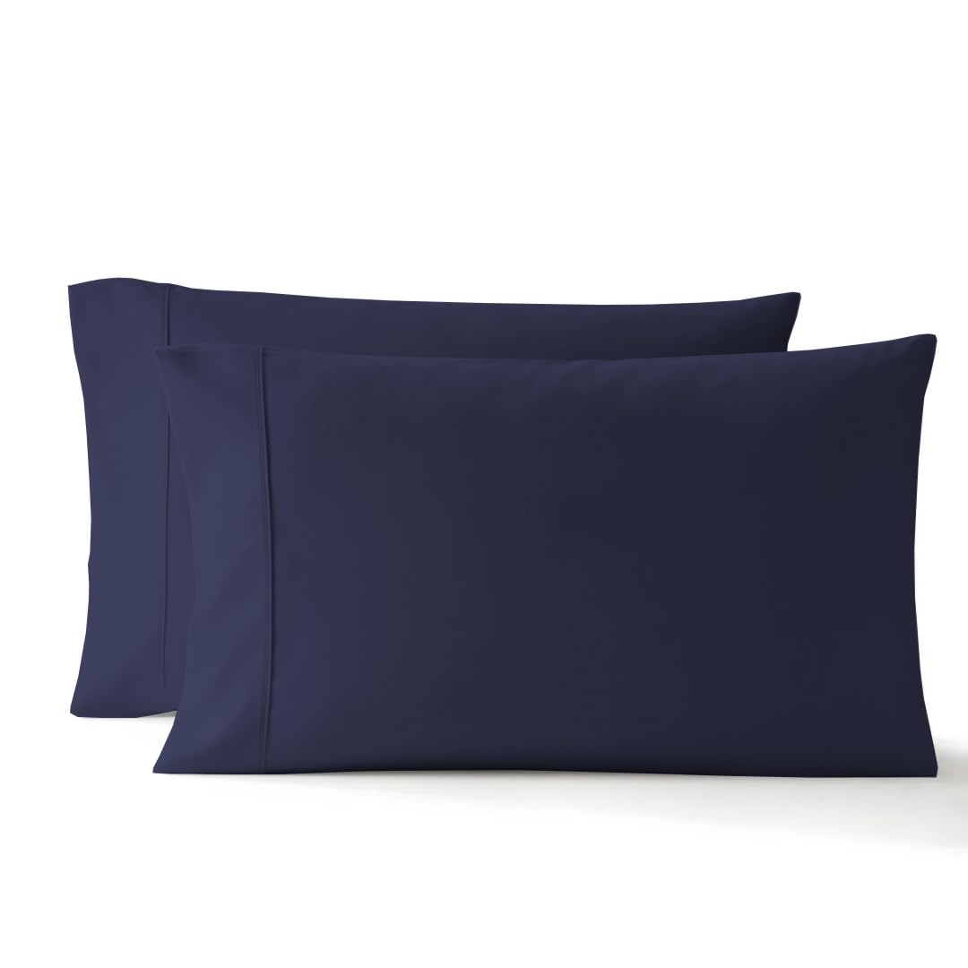 Premium 100% Long Staple Combed Cotton Pillowcases - Cooling Standard Size 20x40 Inches (Set of 2) - Navy Blue Solid with 4-Inch Hem - Breathable & Hypoallergenic for Better Sleep - Perfect for Bedroom, Hotel, and Travel Use