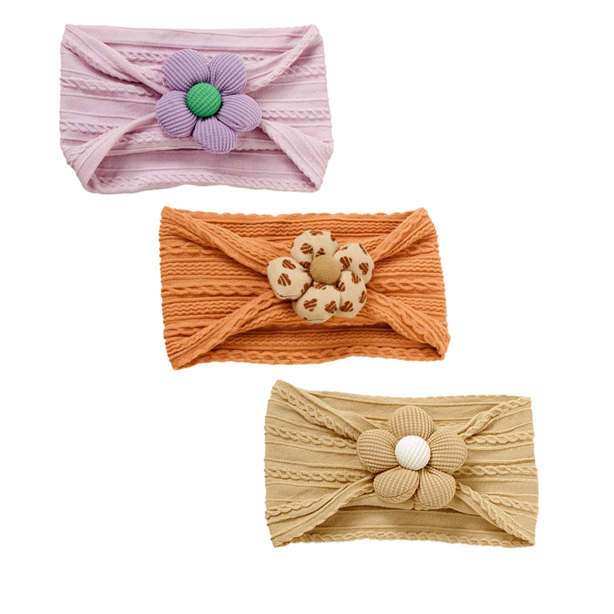 Baby Flower Headbands for Girls - Soft Stretchy Nylon Hairbands, Handmade Hair Accessories for Newborn, Infant & Toddler (C-Apricot/Purple/Caramel) - Perfect for Photos, Parties & Everyday Wear